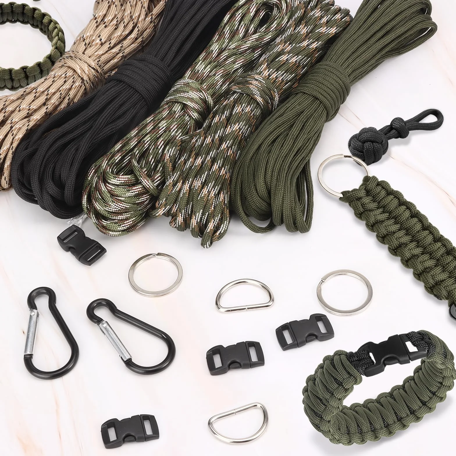 Paracord Pulsera Kit 15 Piezas 5 Rollos 33ft 10m 4mm Cuerda Nylon Hebillas Mosquetones Llaveros Manualidades Acampar
