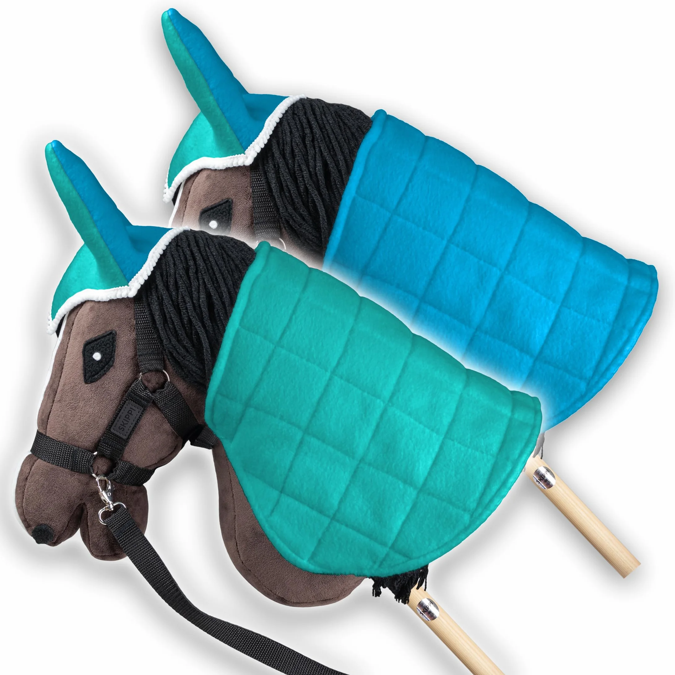 SKIPPI Manta y Orejeras para Caballo Hobby Horse – Menta y Azul, Hobby Horse Accesorios, Manta Reversible y Orejeras Antimoscas para Caballo de Palo, Hobby Horsing