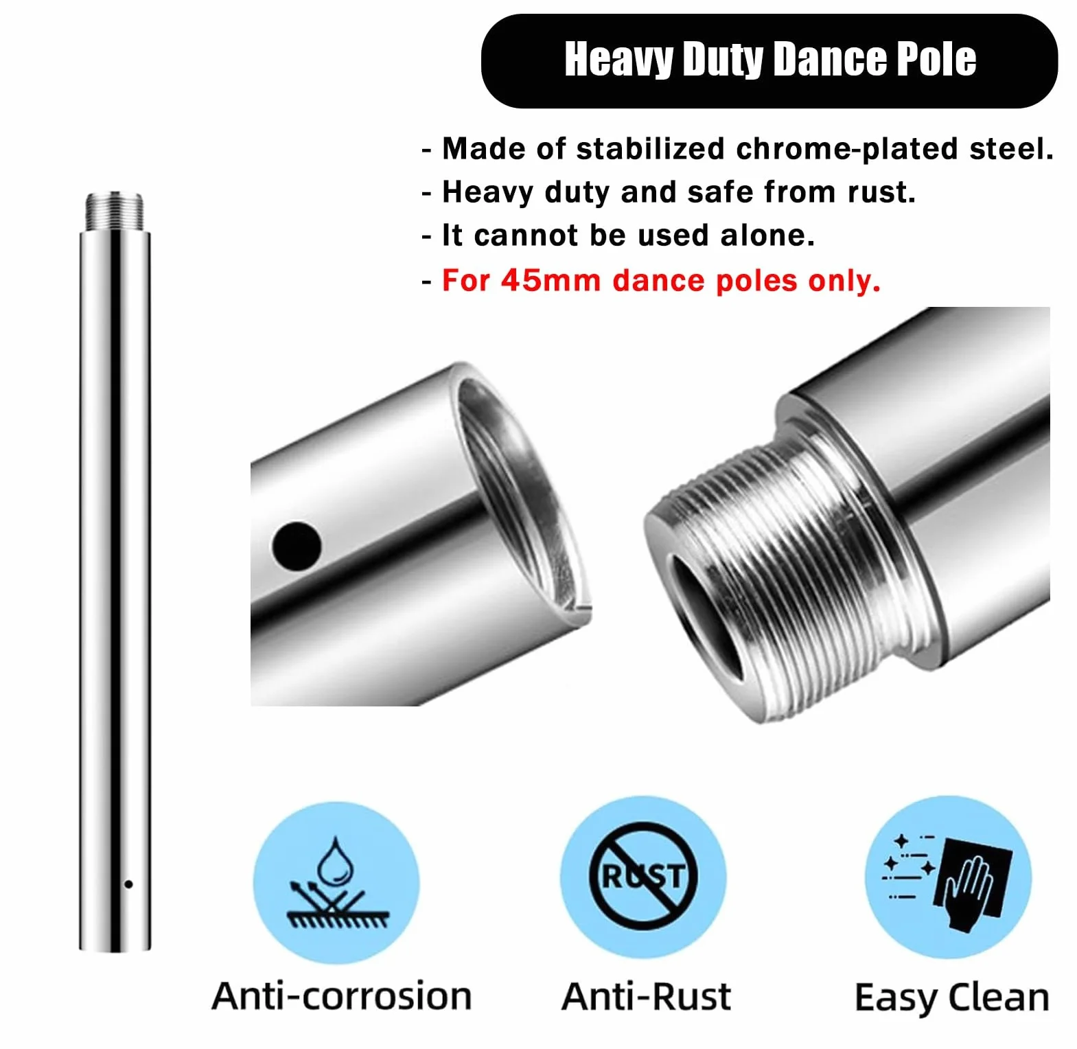 Barra Pole Dance Extensión del Polo de Baile 45 Mm Kit de Postes de Fitness 125/250/500 Mm para Conectar el Poste de Baile Tubo de Techos Ajustables de Altura 5 Colores