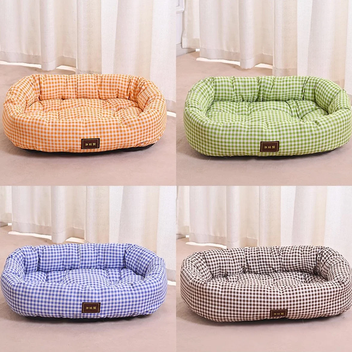 Odot Cama Perro Gato para Grande Medianos Pequeño, Impresión de Cuadros Cama Ortopédica Rectángulo Cojín de Felpa, Mascotas Sofá para Gatos, con Base Antideslizante, Lavable (Marrón,L)
