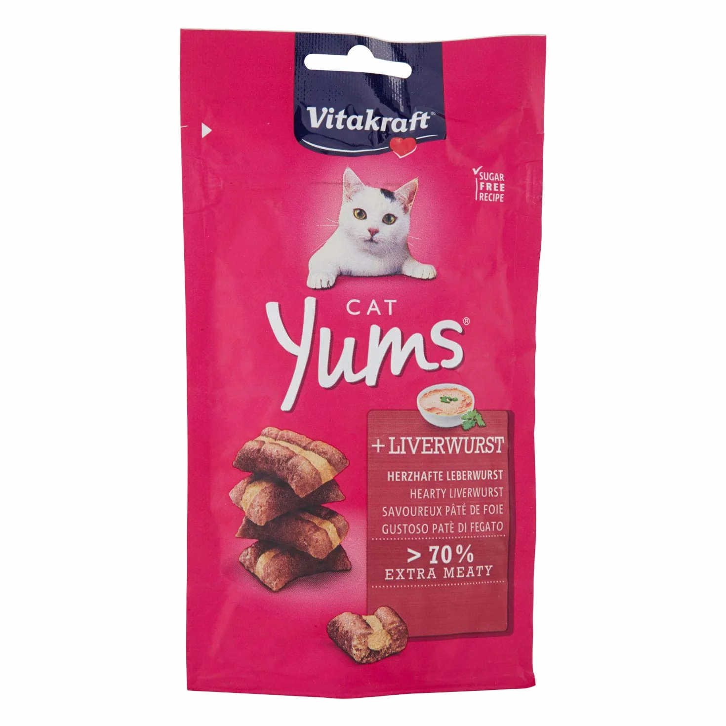 Vitakraft Cat YUMS, golosina para Gatos, Snack Blando para Gatos Relleno de Salchicha de hígado, en Bolsa resellable, sin azúcar añadido (1x 40g)