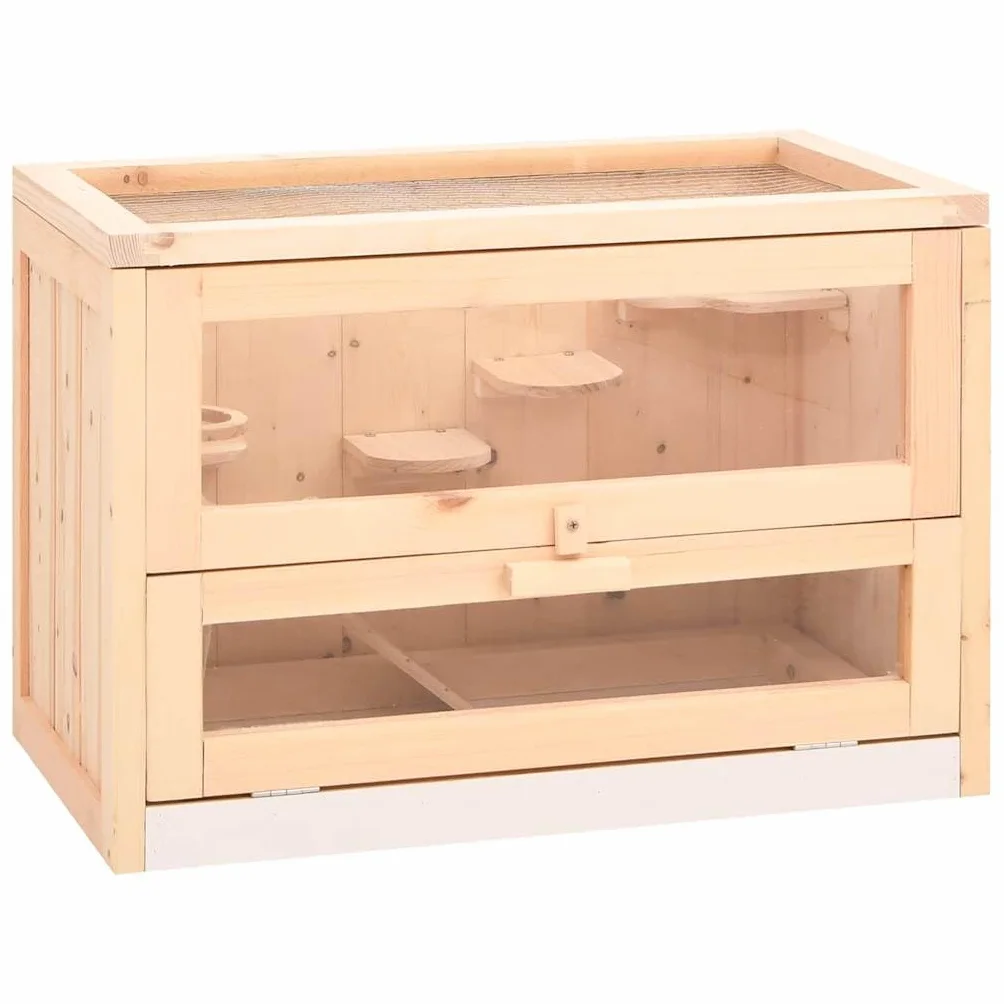 Jaula de hámster de madera maciza de abeto 60 x 35,5 x 42 cm con cristal frontal acrílico y techo de malla de alambre para cobayas, ratones, conejos y animales pequeños como salida segura y
