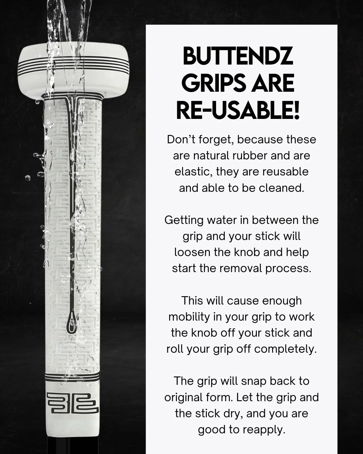 Buttendz Sentry Empuñadura de Repuesto para Palo de Hockey de Portero - Control de Precisión con Perilla Sobredimensionada, Textura Mejorada (Blanco con Goteo Negro)