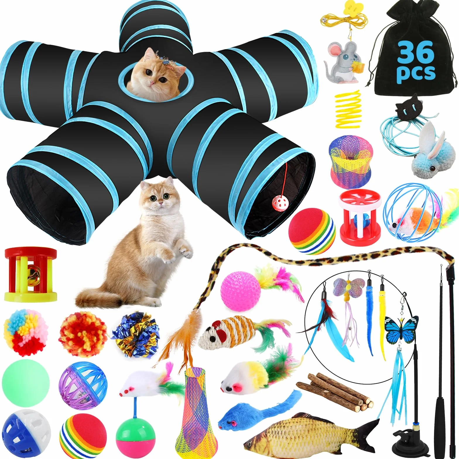 36 PCS Juguetes para Gatos,Set di Juguetes para Gatos,Juguetes para Paquete de Variedad para Gatitos,Palo de Gato Divertido,Ratones,Tumbler,Peces,Campanas etc
