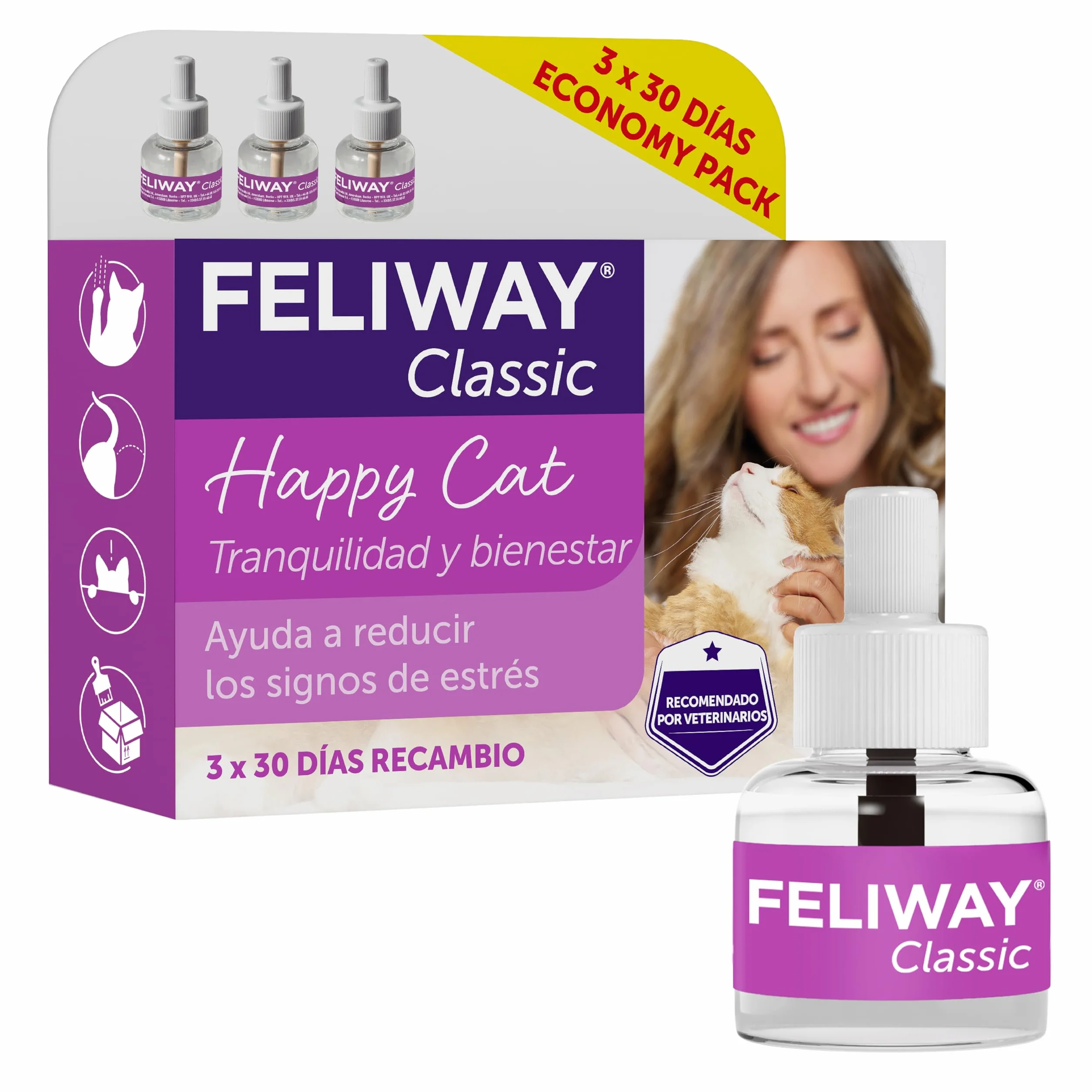 FELIWAY Classic - Pack Ahorro 3 recambios para 90 días (3x48ml) - Ayuda a reducir los signos más comunes de estrés en gatos y gatitos. Recomendado por veterinarios. Tranquilidad y bienestar.