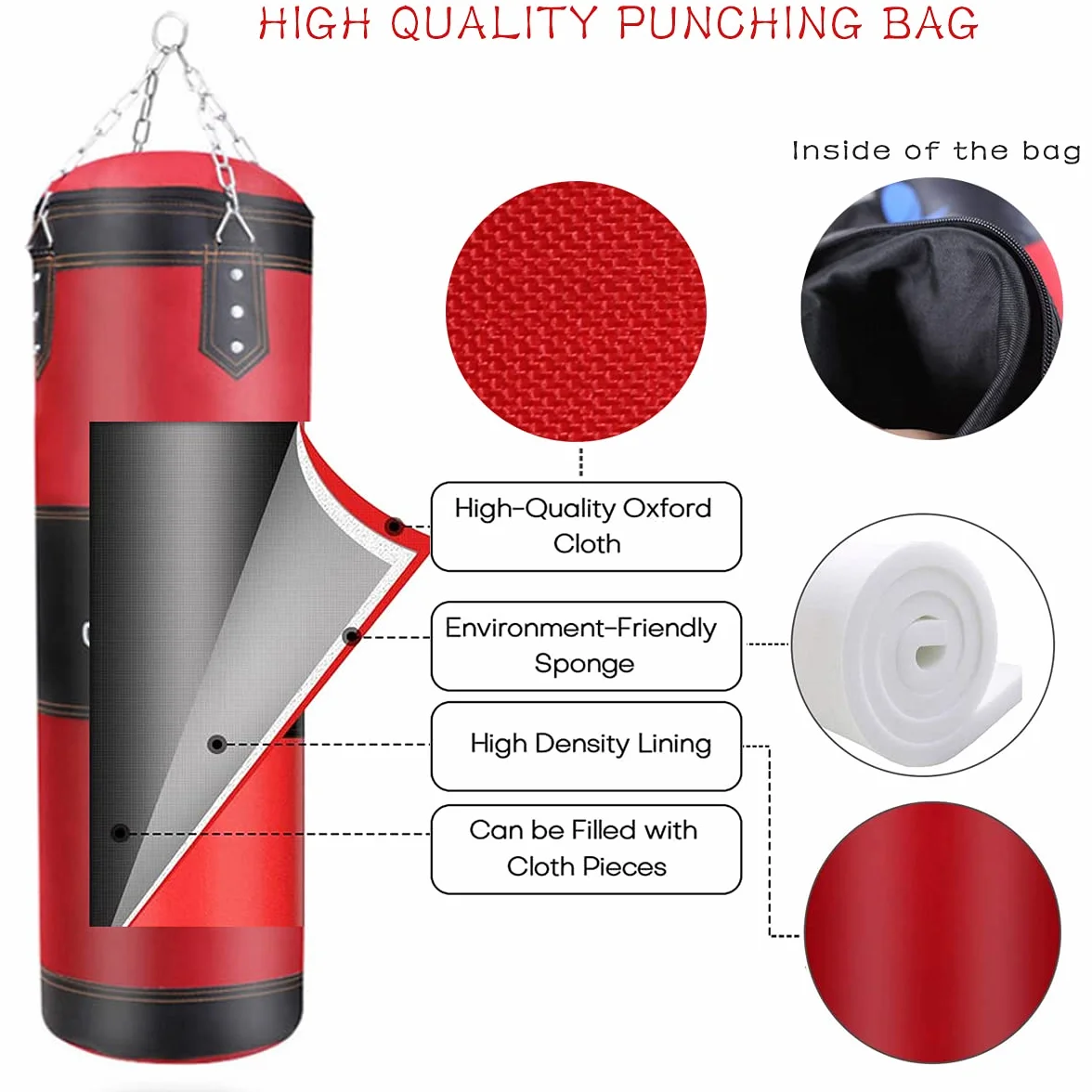 Saco de Boxeo Resistente sin Relleno, Bolsa de Punching Colgante con Vendas, Gancho y Cadena para Adultos y Niños