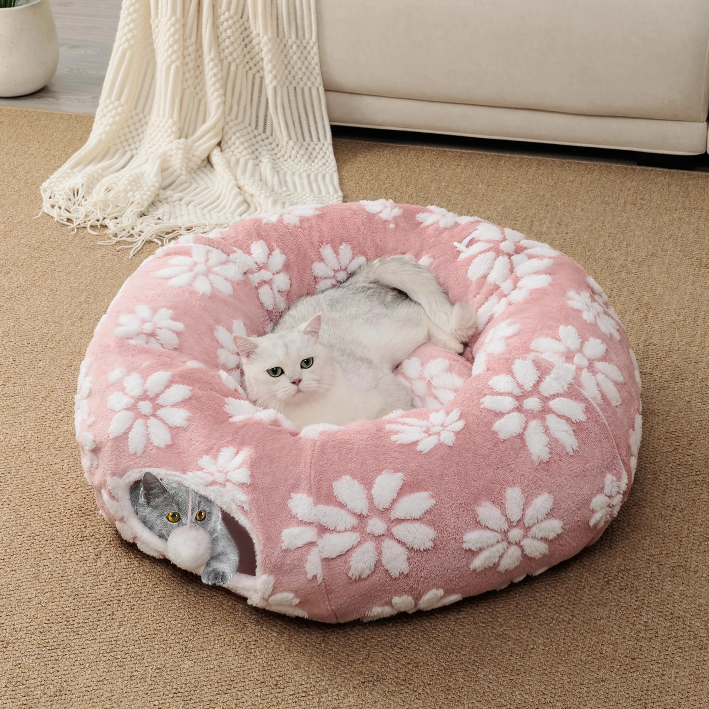 Túnel para gatos de interior, bonita cueva para gatos Peekaboo con bolas colgantes, cama de túnel de dona para mascotas con alfombrilla circular para cachorros, gatitos, conejos, flores rosas