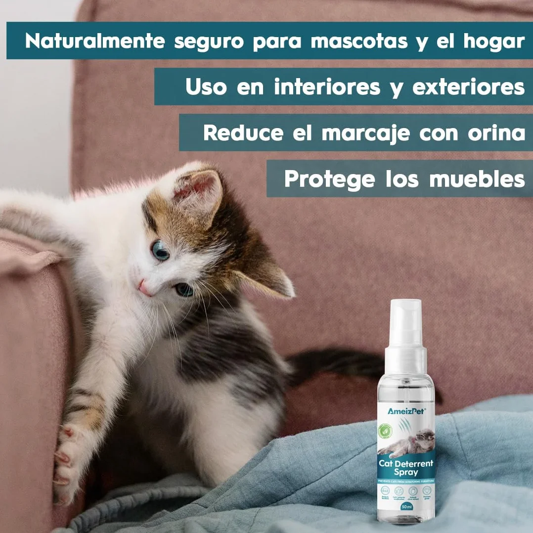 AmeizPet Spray Antiarañazos Gatos, Evita Que Los Gatos Arañen Muebles, Alfombras, Cortinas y Plantas, Ahuyentador de Gatos y Gatitos Exterior e Interior, 50 ml (1.69 Oz)