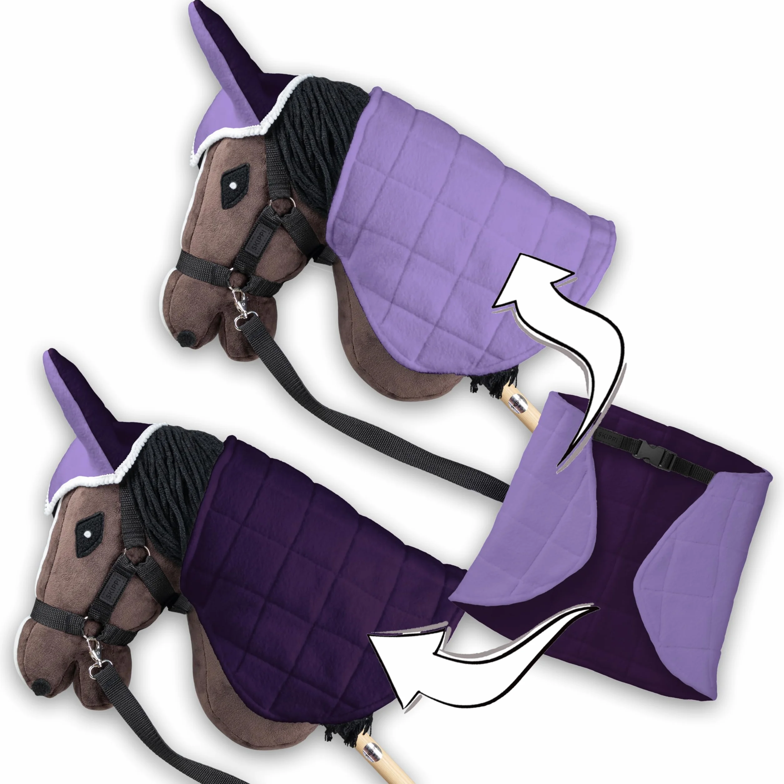 SKIPPI Manta y Orejeras para Caballo Hobby Horse – Lila y Ciruela, Hobby Horse Accesorios, Manta Reversible y Orejeras Antimoscas para Caballo de Palo, Hobby Horsing