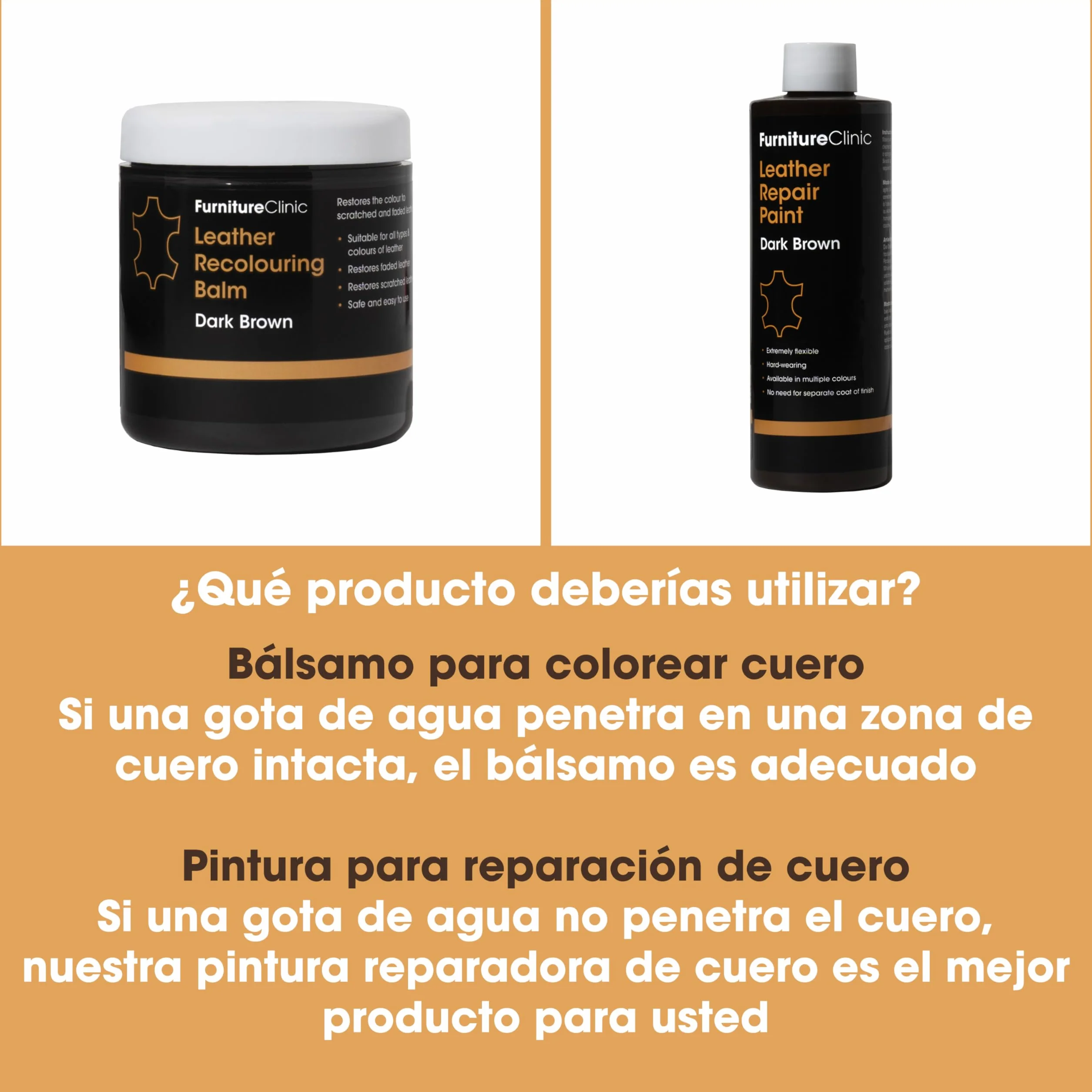 Furniture Clinic Bálsamo Recolorante para Cuero - Restaurador Color Cuero Muebles, Sofá Desgastado, Automóviles (Marrón Oscuro)