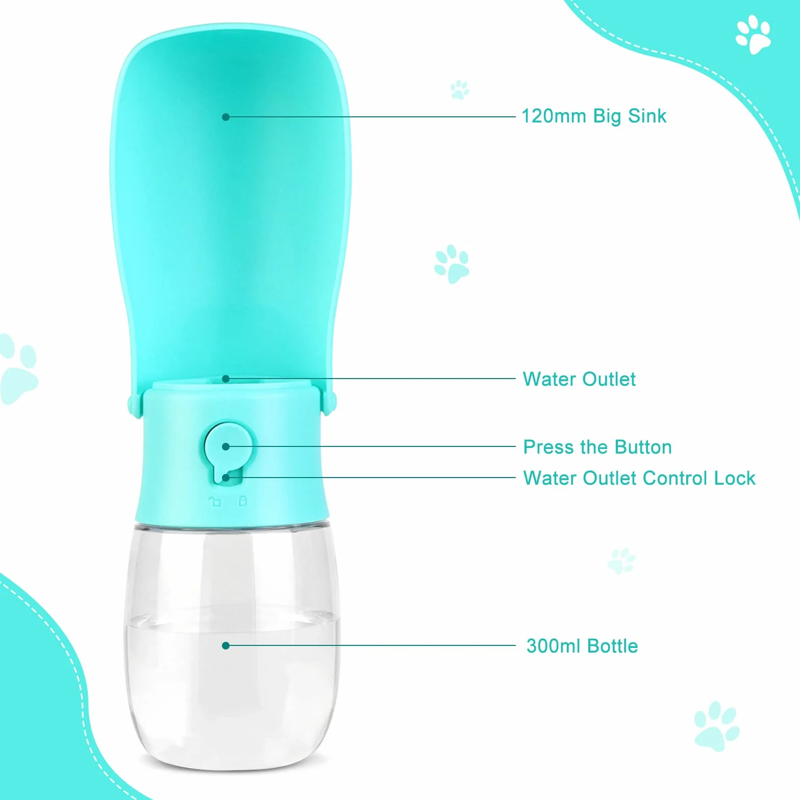 JOPHEK 300ML Botella de Agua para Mascotas, 180°Plegable Botellas de Agua para Perro Gato con Botón de Bloqueo y Filtro de Carbón Activado para Acampar a Pie Todos los Días