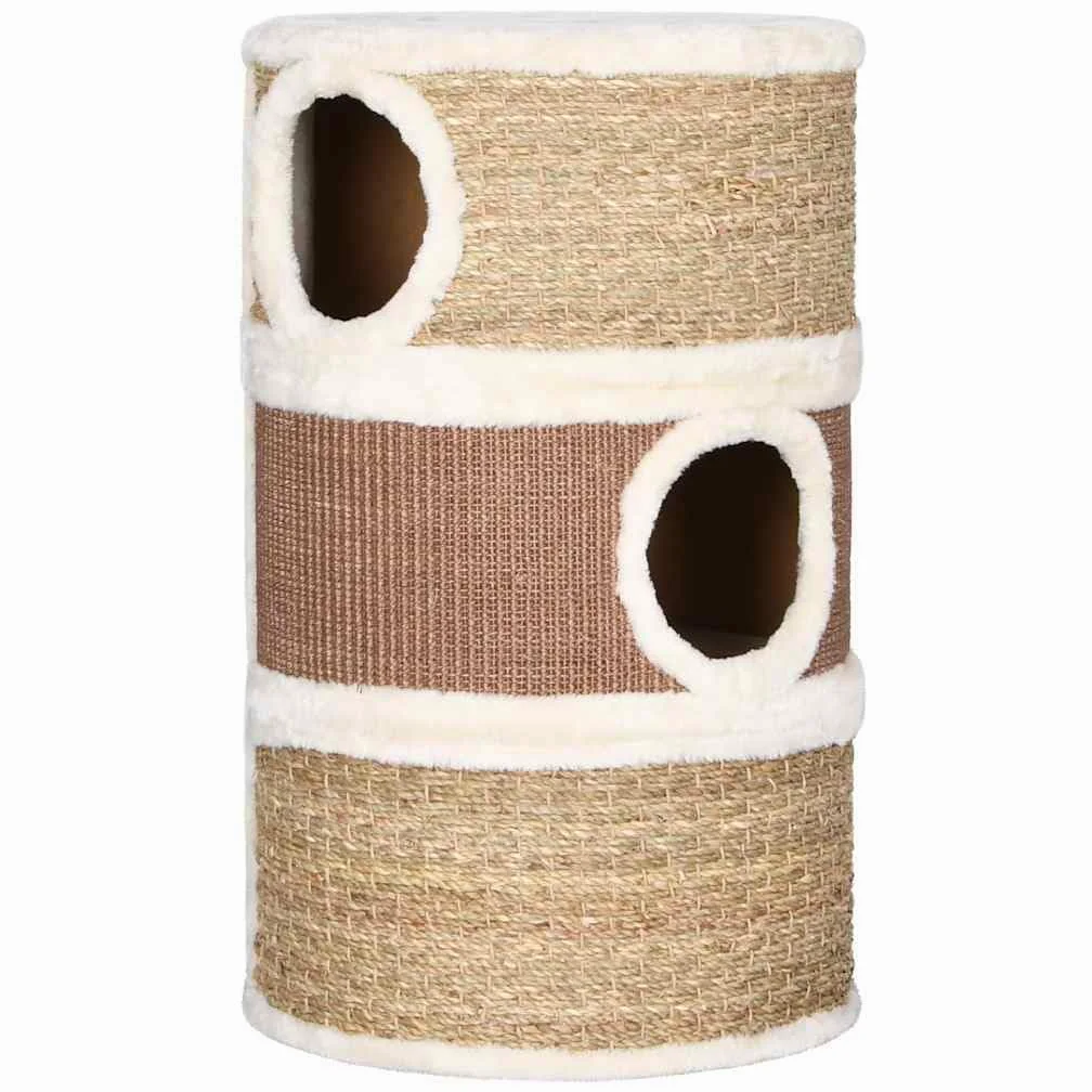 Rascador para gatos de 60 cm, torre de algas marinas con 3 cuevas | Torre rascador de madera aglomerada y algas marinas con felpa suave para el salón, ideal para gatos grandes.
