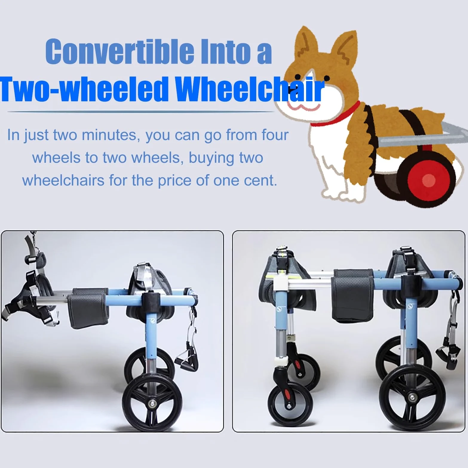 Silla de ruedas para perros de 4 ruedas, silla de ruedas ajustable de apoyo completo para perros discapacitados, se puede convertir en 2 ruedas, rodillera para patas traseras, adecuada para