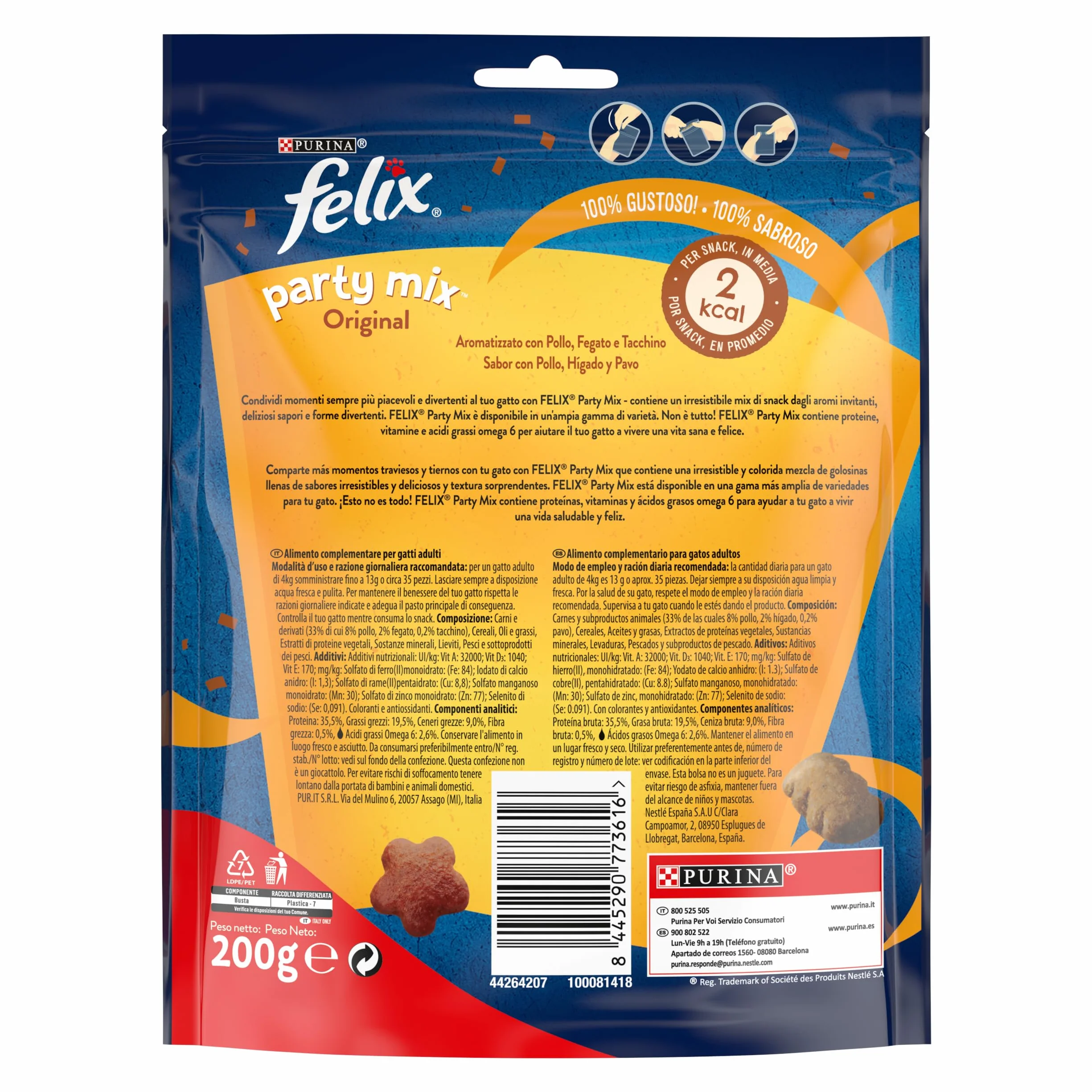 Purina Felix Party Mix Original, Snack para Gato Adulto, Premio para Gato con Pollo, Higado y Pavo, Pack de 5 Bolsas de 200g