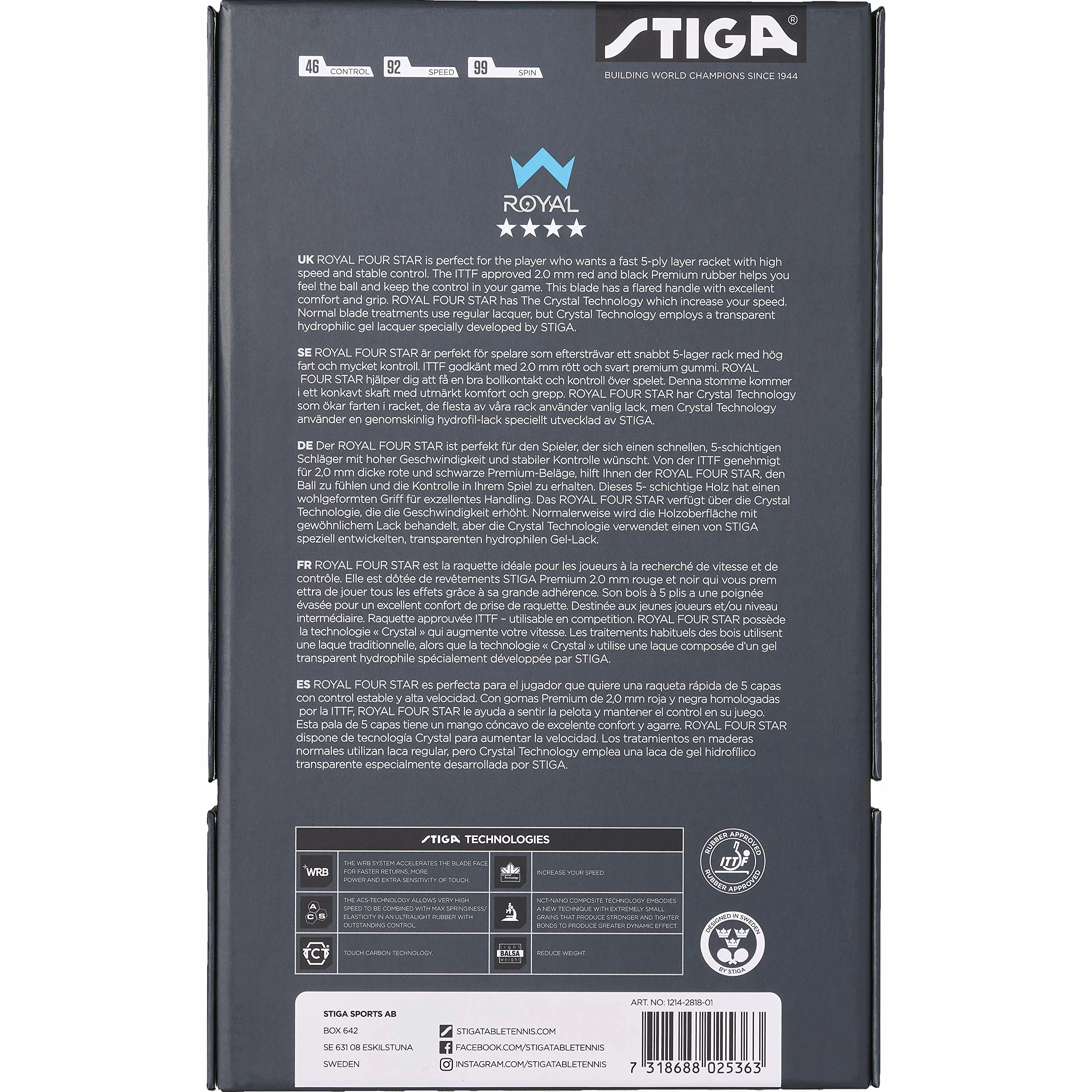 STIGA Royal 4-Star Raqueta de Tenis de Mesa ITTF Goma Crystal 5 Capas Mango Cóncavo