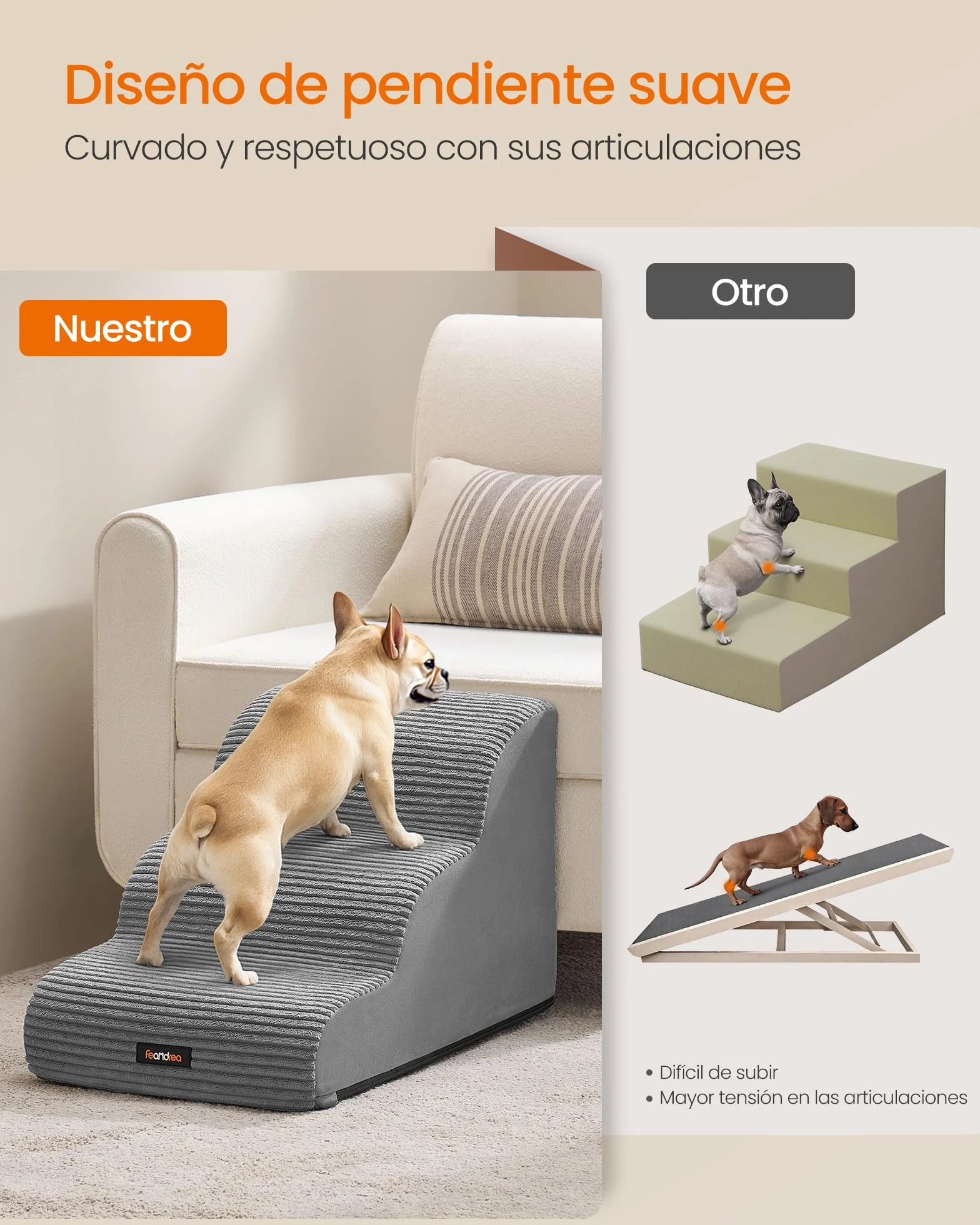 Feandrea Escalera para Perros de 3 Peldaños, para Cama, Sofá, Impermeable con Diseño Antideslizante, Pendiente Suave, Cubierta Lavable Extraíble, Asa, Gris Paloma PPS003G01
