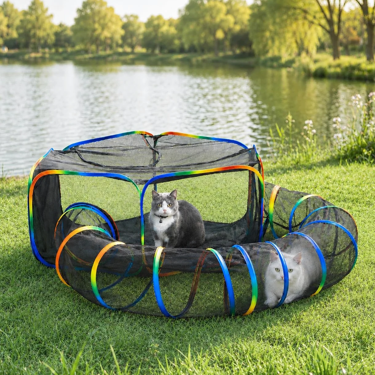 Recintos para gatos arcoíris al aire libre, casa exterior para gatos de interior, incluye tienda de campaña portátil, túnel circular para gatos, gatitos y animales pequeños, dentro de bolsa