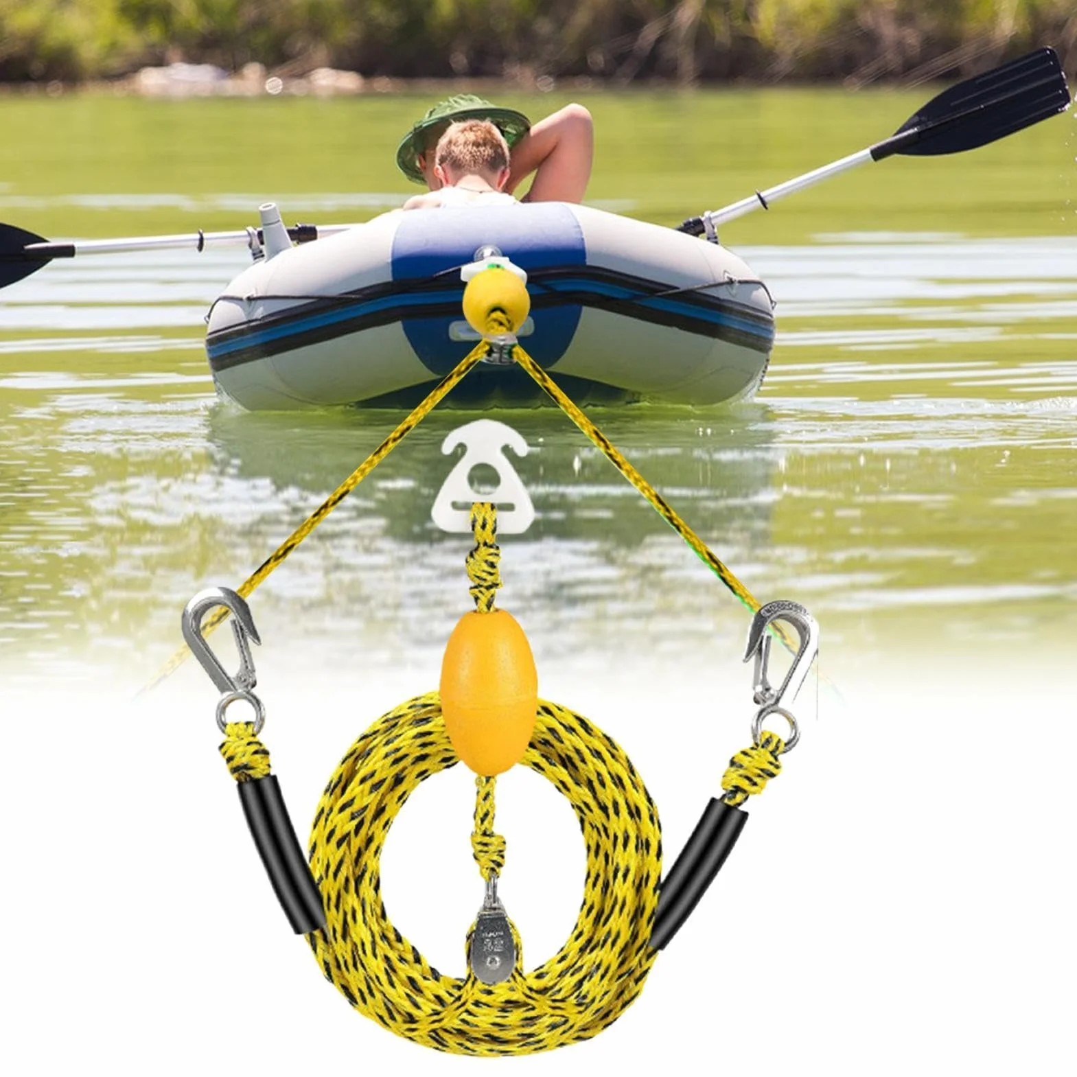 Cuerda Remolque para Tubing Y Cable Arrastre 4 Usuarios Gancho Polea Giratoria 360° Flotadores Inflables Deportes Acuáticos