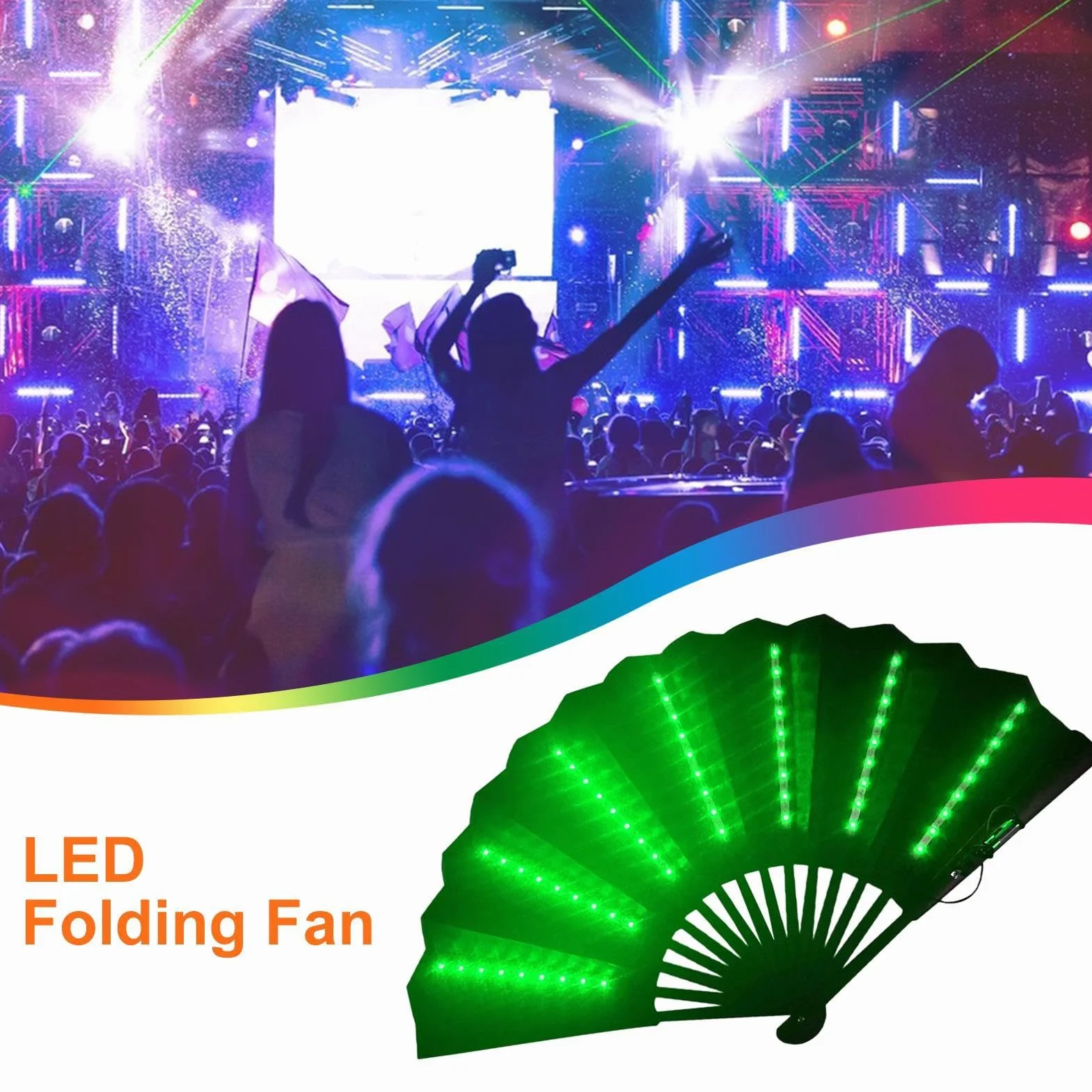 Abanico de mano plegable iluminado para festivales, multiusos de viaje
