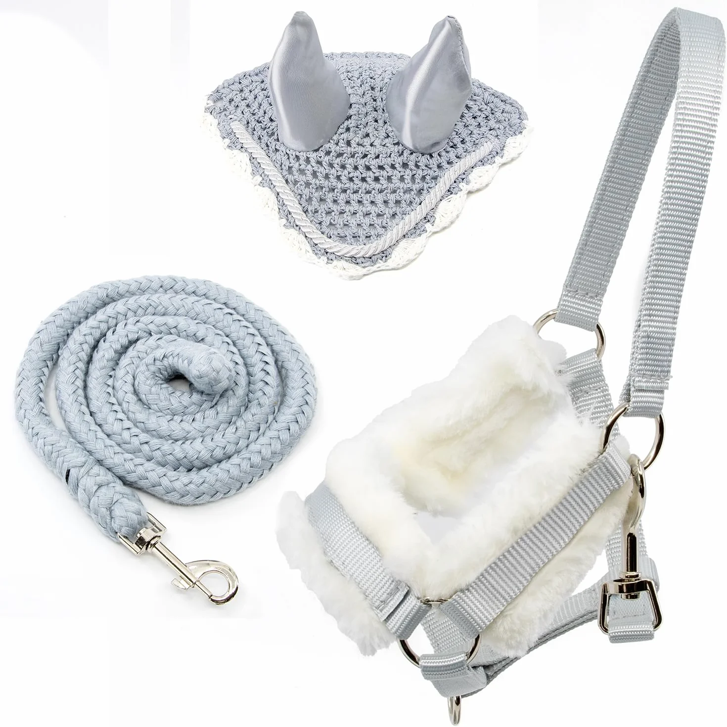 Set de Accesorios para Hobby Horse – Cabestro con Forro de Peluche Gris, Cuerda de conducción y Gorro antimoscas Gris y Blanco para Hobby Horsing – Compatible con Caballos de Palo tamaño A4 y A3