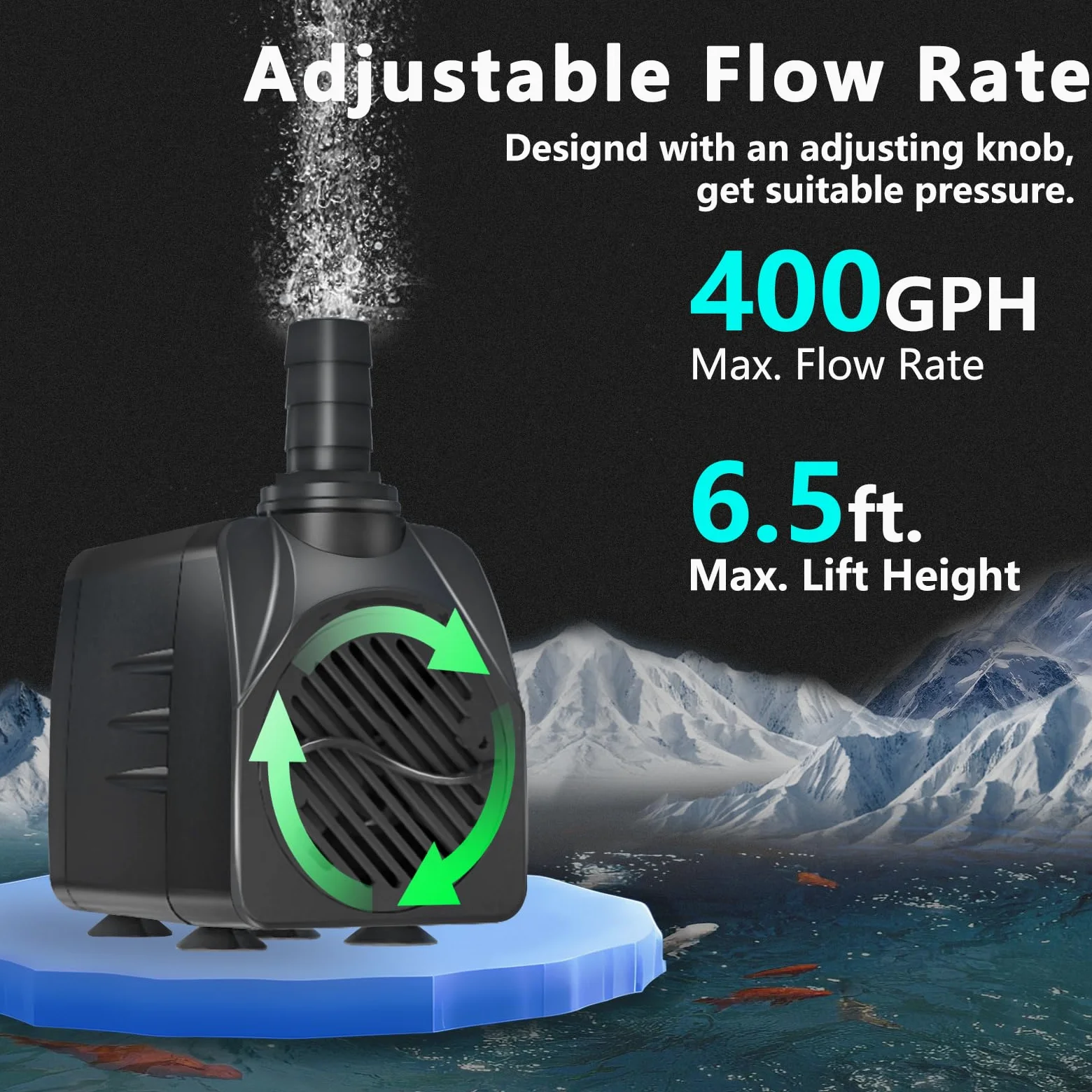 Bomba sumergible de 400 GPH de apagado automático (1500 L/H 25 W) bomba de agua de fuente ultra silenciosa con elevación de 6.5 pies de alto, 3 boquillas para acuario, pecera, estanque,
