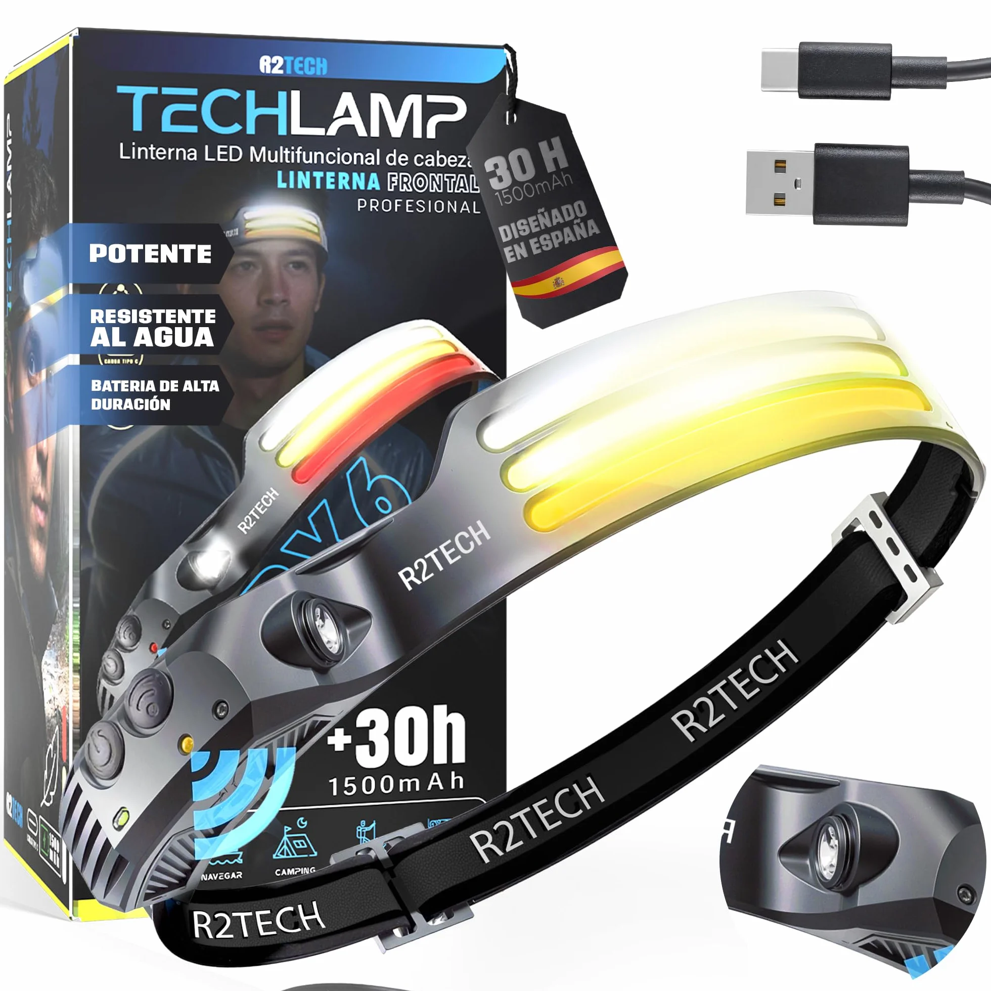 Linterna Frontal LED Recargable Alta Potencia con Luz Roja y Cálida para Running, Ciclismo, Pesca y Camping