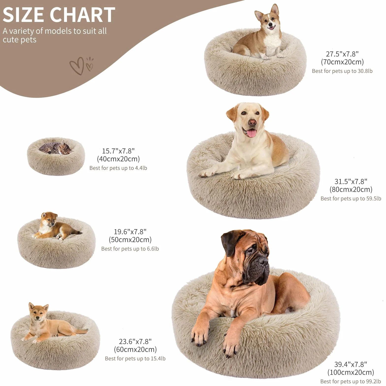 BVAGSS Cama de Felpa Deluxe Plush Redonda de Pelo Nido de Donut para Mascotas Deluxe para Gatos y Perros XH034 (Diameter:70cm, Light Brown)