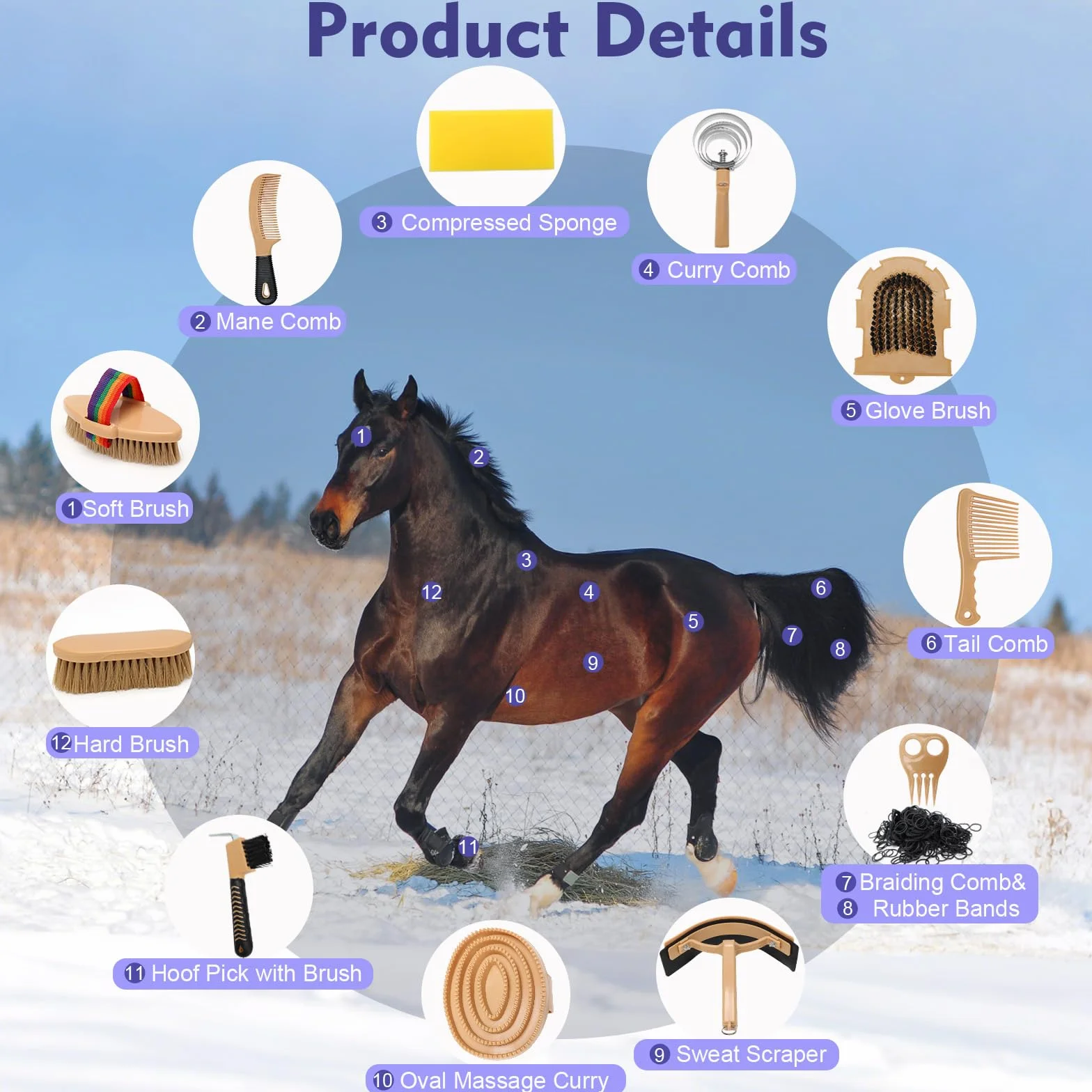 Kit de aseo para caballos de 13 piezas con 12 accesorios y 1 bolsa de almacenamiento, Serie Cuidado del Caballo, Amarillo, Cepillos para Caballos, Cepillos de Cerdas, Aseo, Accesorios de Aseo