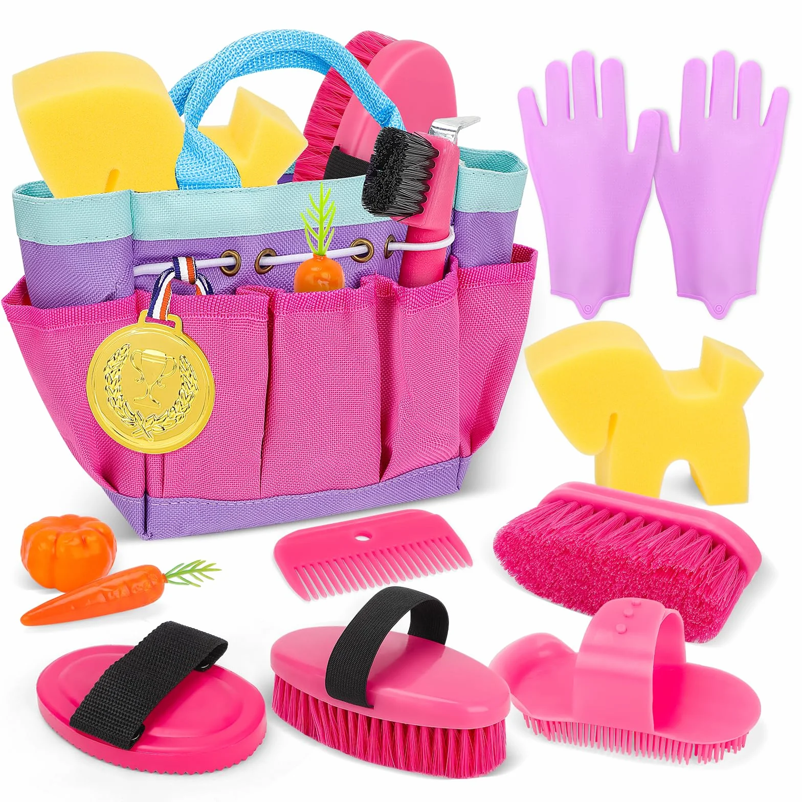 deAO Set de Cuidado de Caballos con Bolsa, Utensilios de Limpieza para Caballos para Niños con Cepillo, Guantes, Cepillo de Masaje, Peine para Crines, Rascador de Cascos, Esponja para Caballos (Rosa)