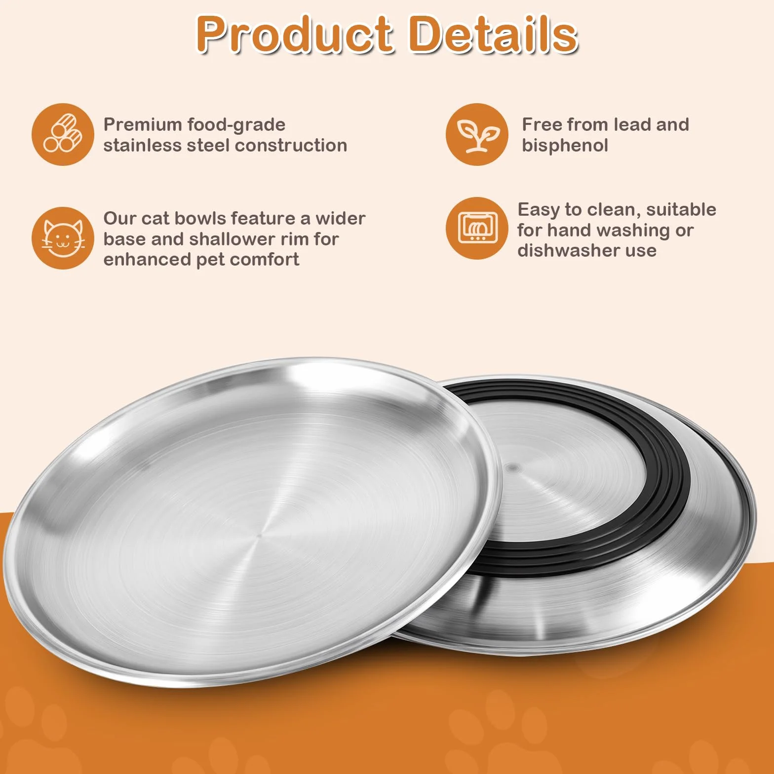2 Piezas Cuencos Planos para Gatos de Acero Inoxidable,17CM Comedero Plano para Gato con Base Antideslizante,Platos Anchos Aptos para Gatos para Perros Pequeños,Gatos (Plata)