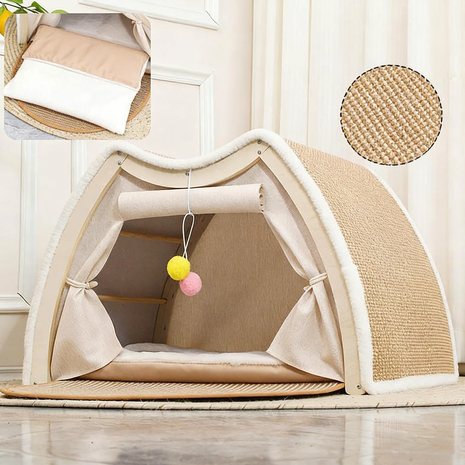 Tienda Cama Gatos Casa de Descanso y Juego con Rascador de Sisal | Villa Cálida De Gatos En Invierno en Interior del Hogar Dormitorio Habitación de Mascotas Suelo Invierno