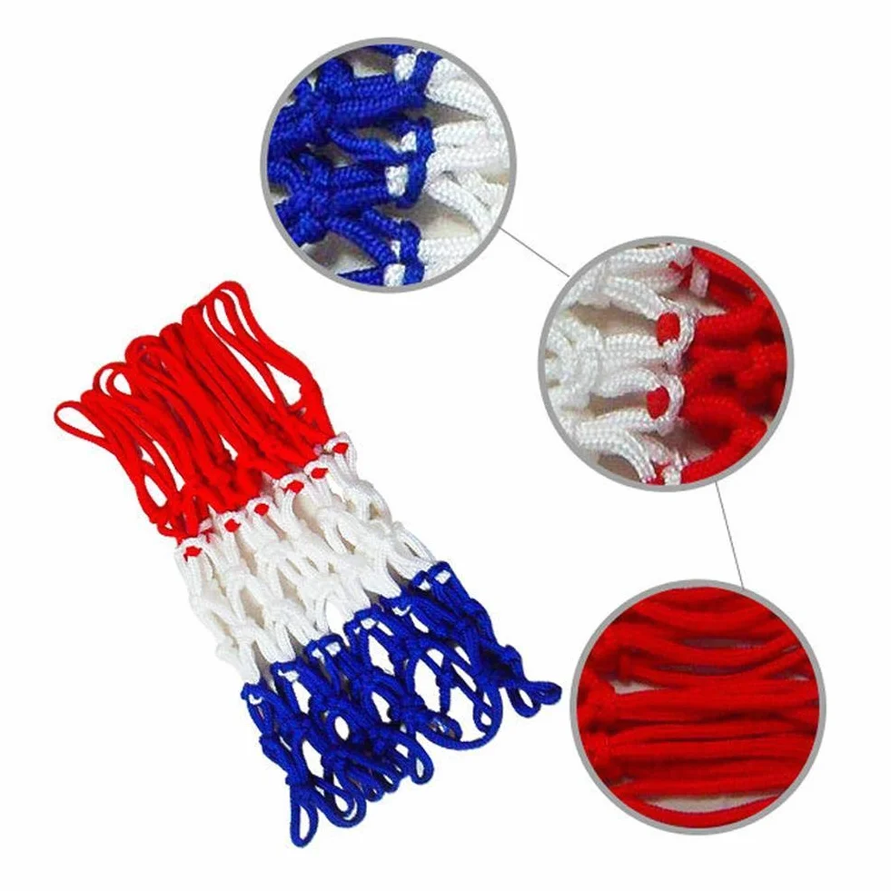 Red de repuesto para canasta de baloncesto de nailon trenzado tricolor rojo/blanco/azul, 12 pasadores