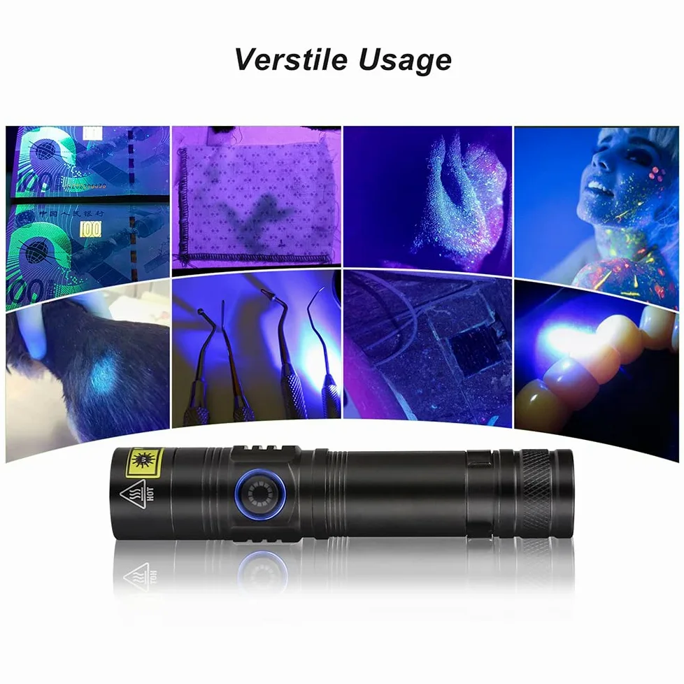 Linterna UV de 365 nm recargable, luz negra profesional luz ultravioleta, mini antorcha portátil luz negra para detección de orina de mascotas, rocas brillantes, curado de resina, mineral