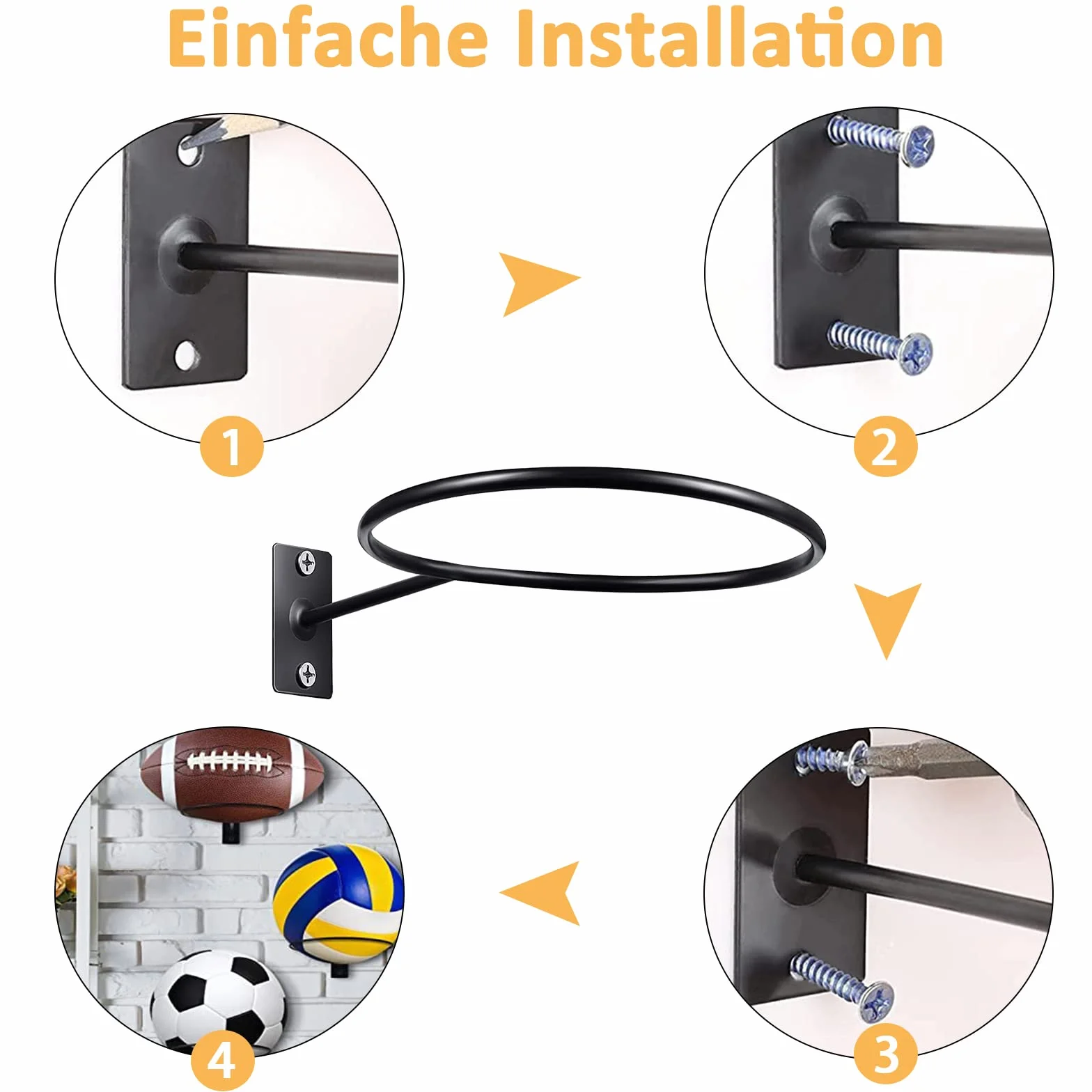 Soporte de Pared para Pelotas Metal 8 Piezas con Tornillos y Tubos Negro Baloncesto Fútbol Rugby