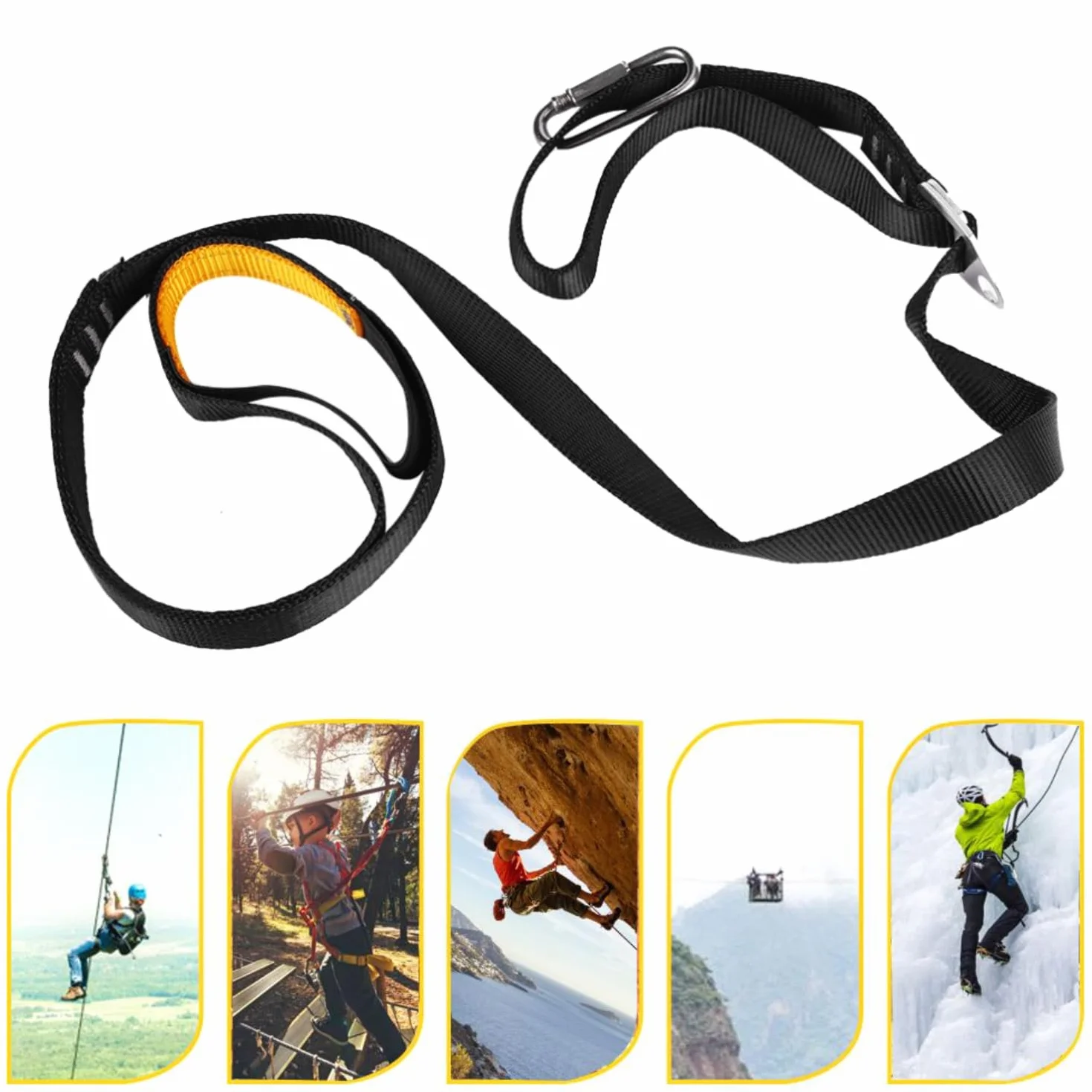 DEWIN Cinturón de Pedal de Eslinga Ajustable 108x2cm Fibra Poliéster para Escalada Montañismo (Negro)