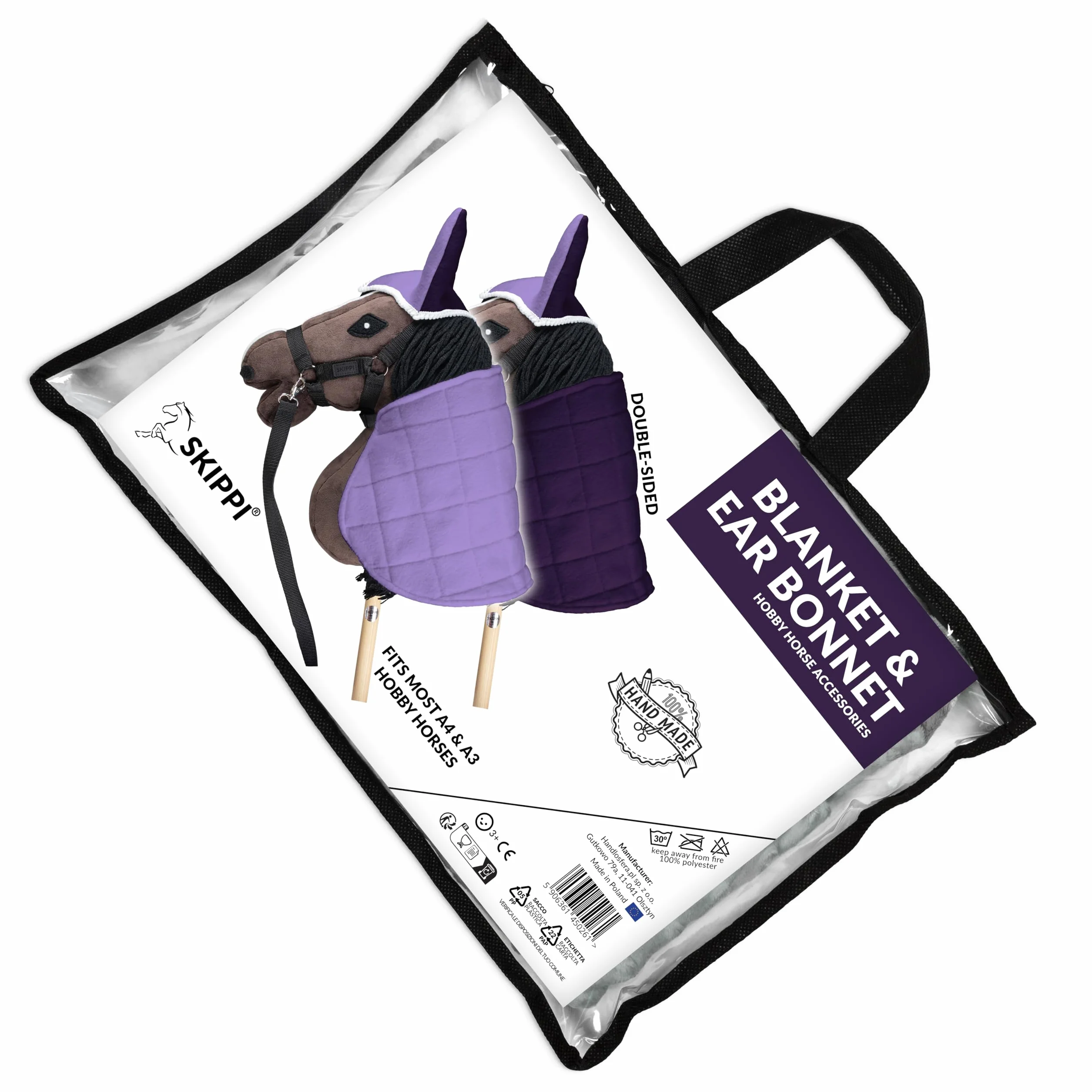SKIPPI Manta y Orejeras para Caballo Hobby Horse – Lila y Ciruela, Hobby Horse Accesorios, Manta Reversible y Orejeras Antimoscas para Caballo de Palo, Hobby Horsing