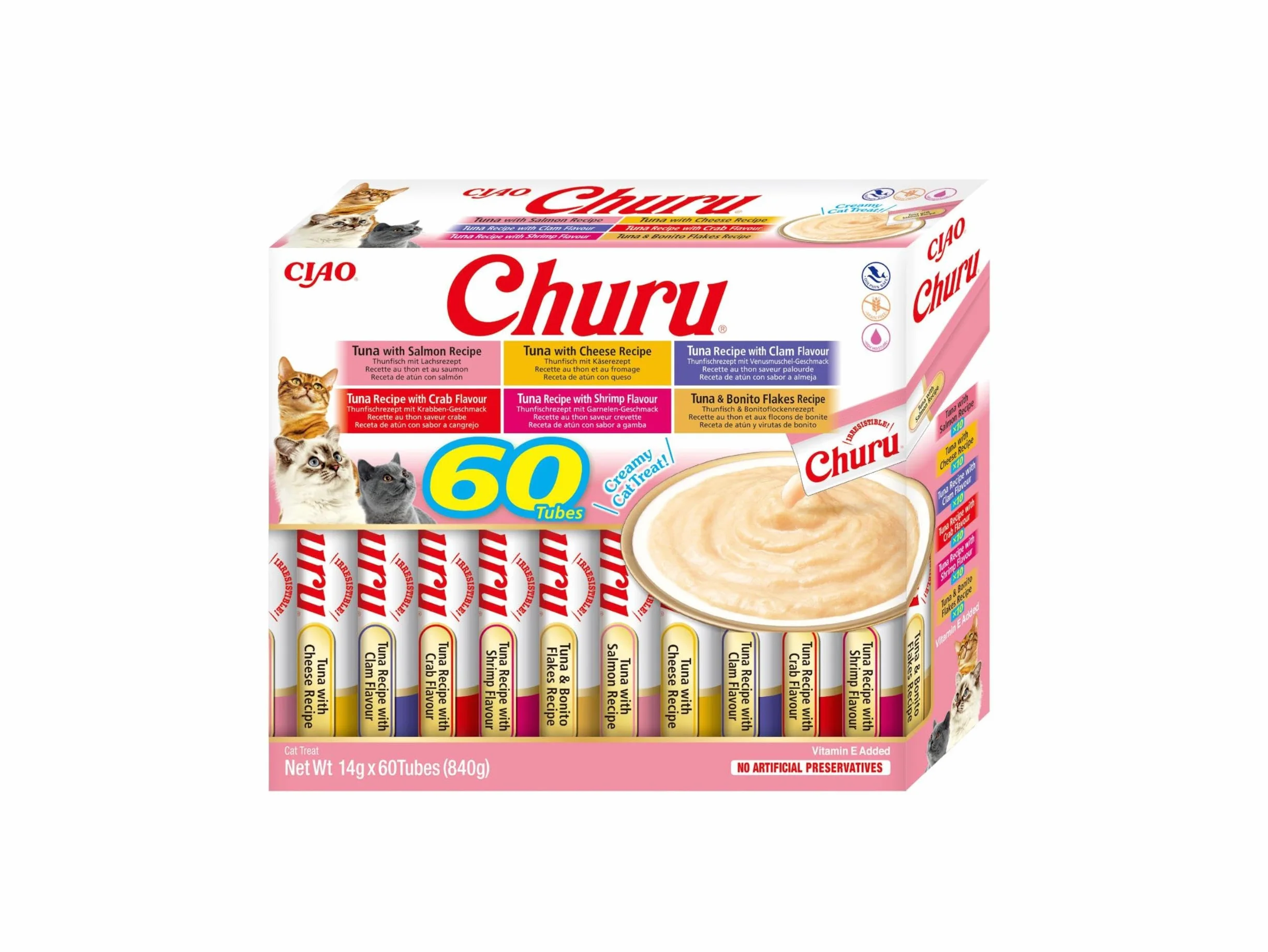 INABA Churu Gatos Snacks Saludables Atún 840g 60x14g Cremoso Sin Cereales Sin Conservantes