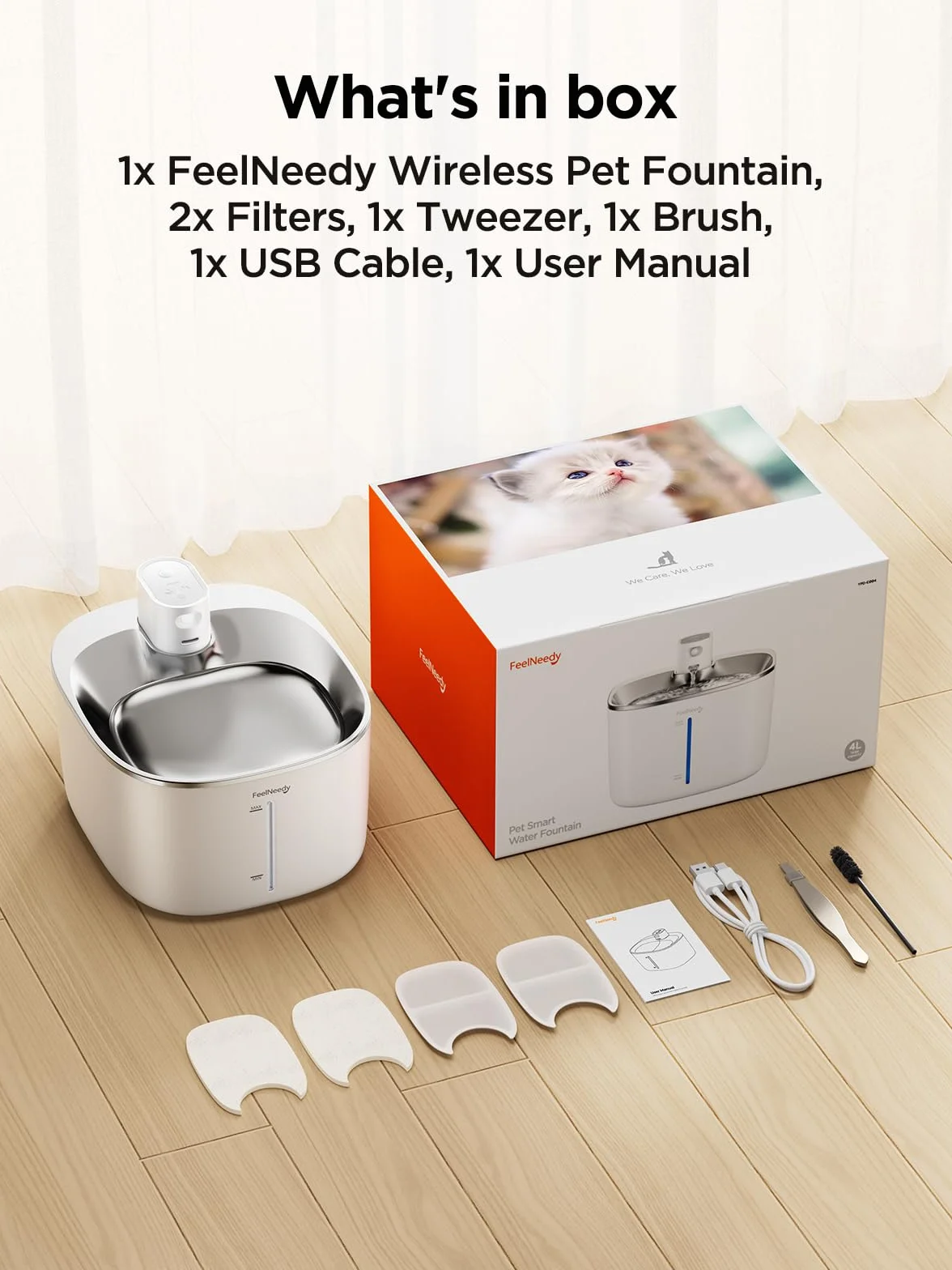 FEELNEEDY Fuente para Gatos sin Cable a Pila con Sensor de Movimiento, 4L Fuente de Agua Fria para Gatos con Bateria 4000mAh Recargable, Bebedero Automático a Prueba de Salpicaduras, 2 Filtros