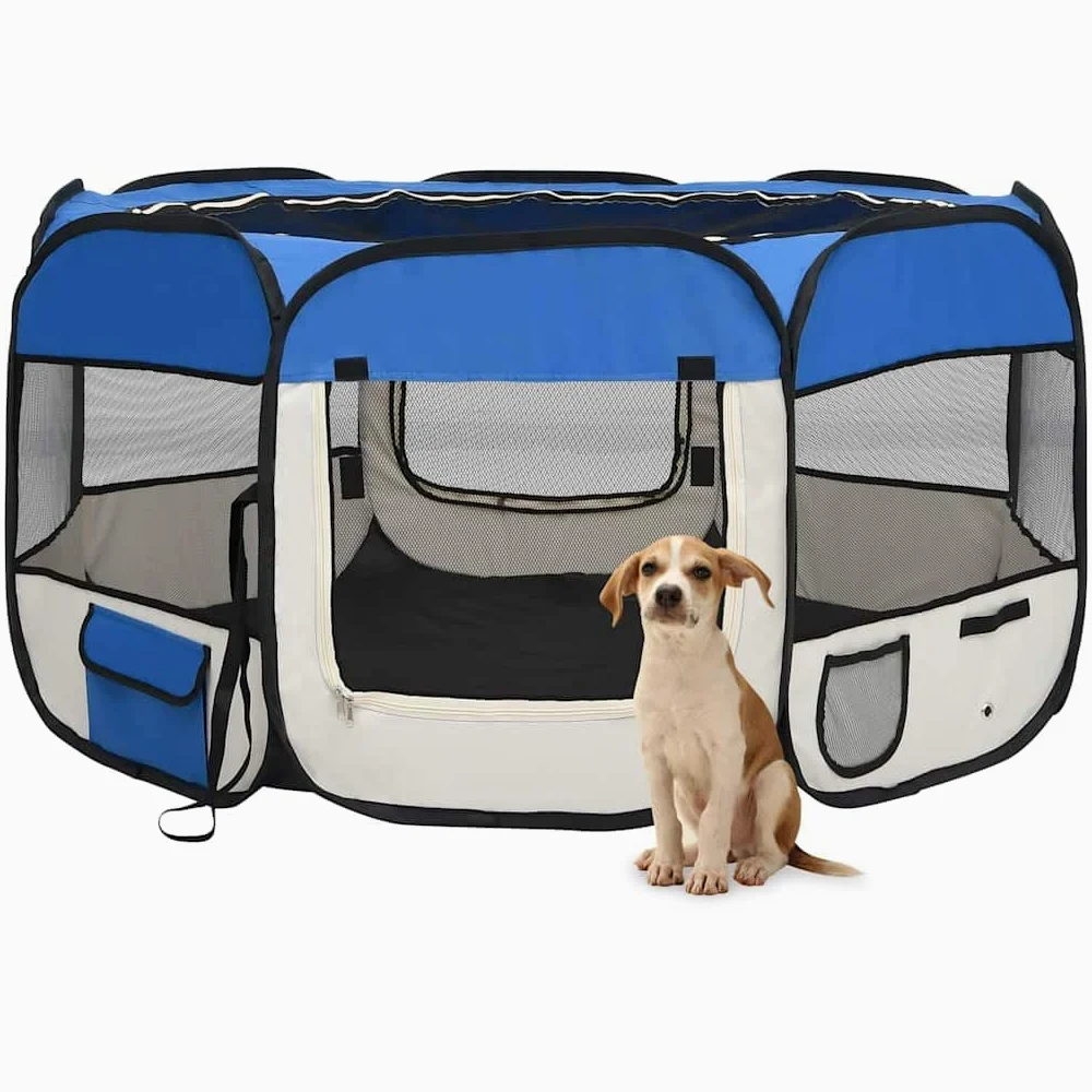 Parque plegable para perros, 125 x 125 x 61 cm, con bolsa de transporte, jaula de entrenamiento y juego de acero resistente, techo y puerta de red con cremallera, bolsillos laterales para juguetes