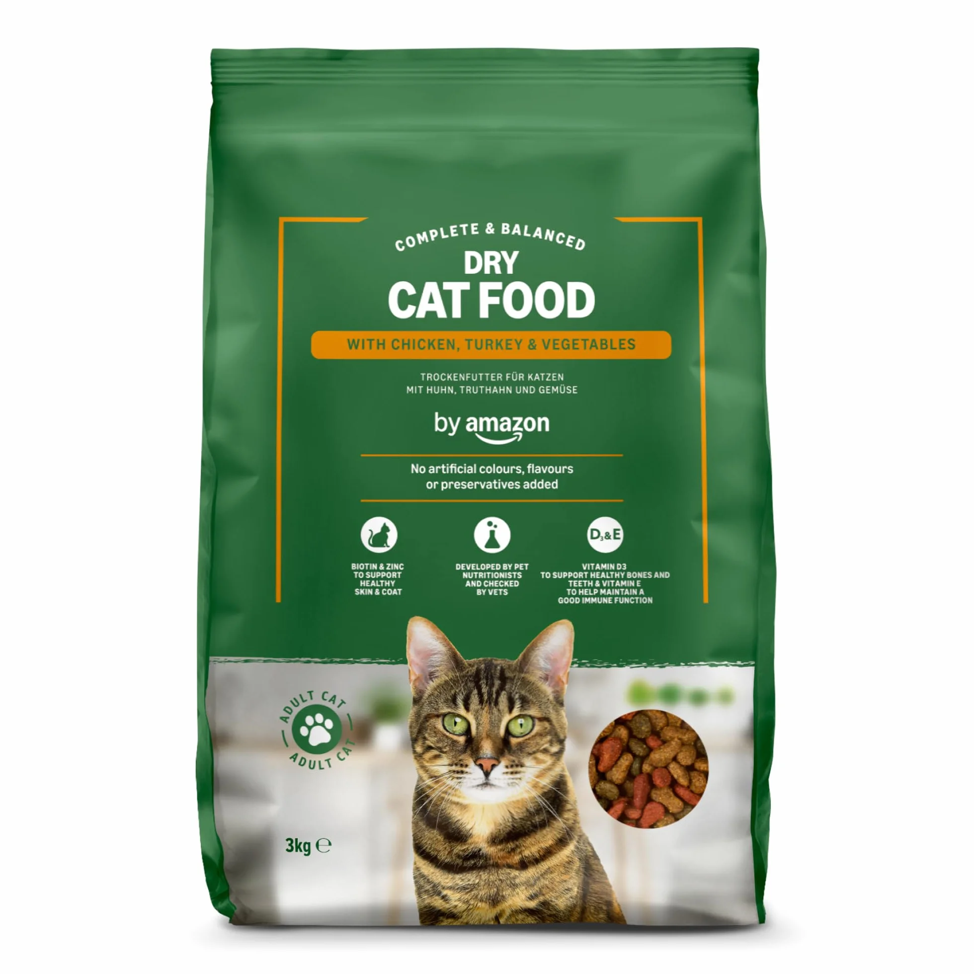 by Amazon - Alimento seco completo para gatos adultos con pollo, pavo y verduras, 1 Pack de 3 kg