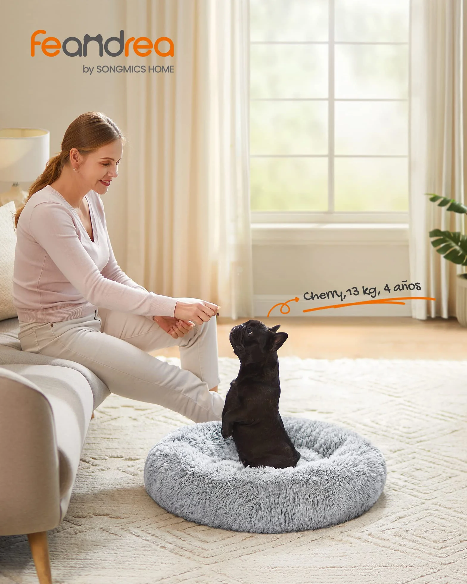 Feandrea Cama de Perros, Cama para Perros, Cojín Central Extraíble y Lavable, Alfombra de Felpa Suave y Mullida, 70 cm de Diámetro, Gris PGW039G01