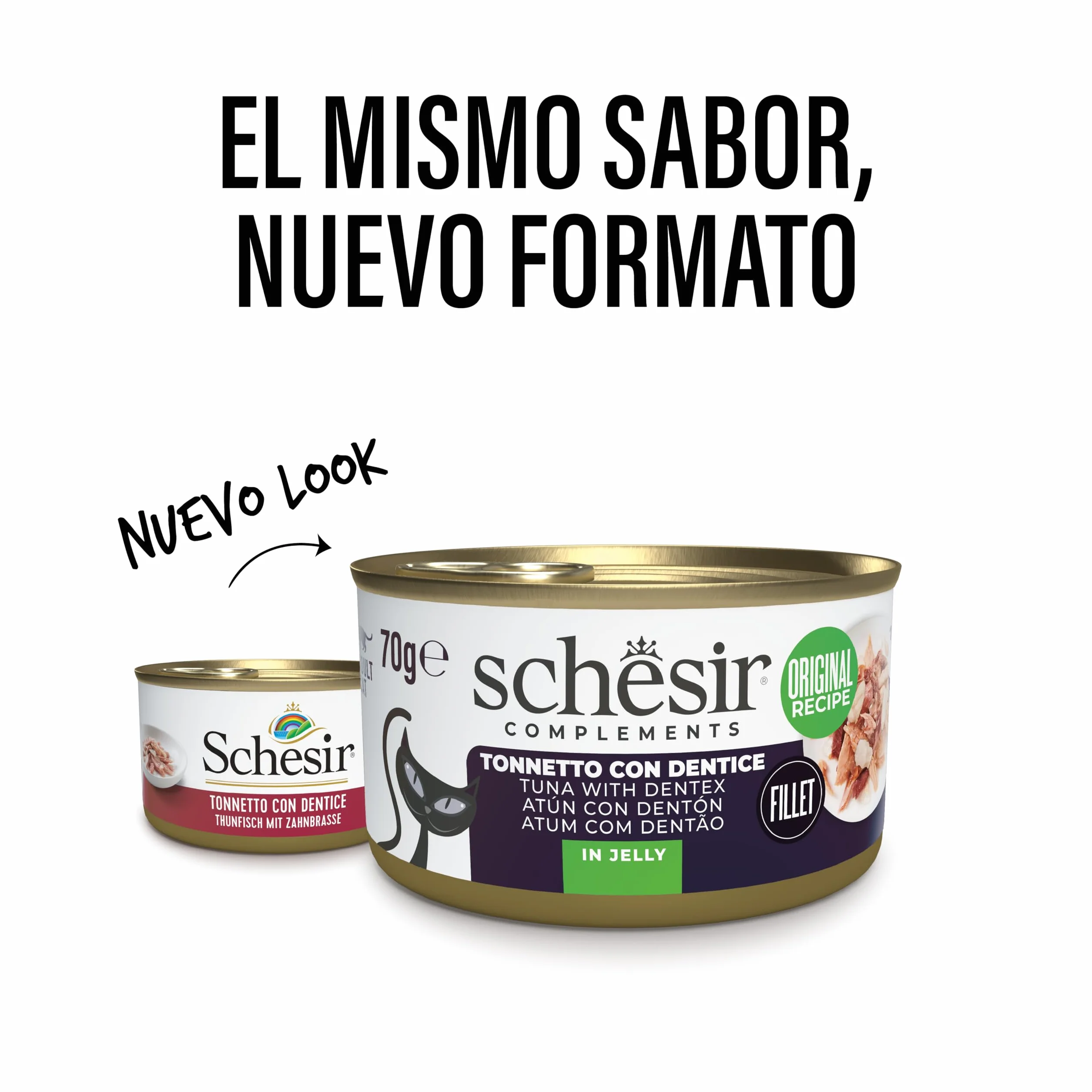 Schesir, Filetes de Atún con Merluza en Gelatina, Comida Húmeda Complementaria para Gatos, en Latas, Receta Original, 100% Natural, 12 x 70g