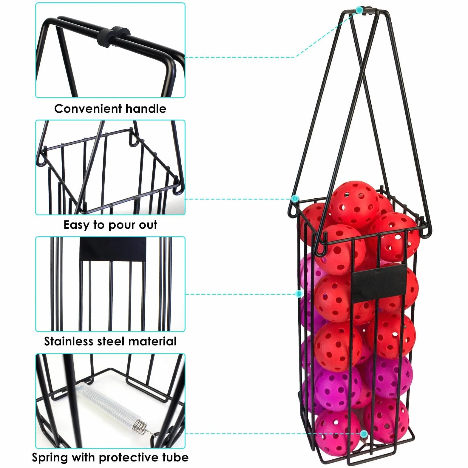 Cesta recogedora de pelotas de tenis de acero inoxidable con mango