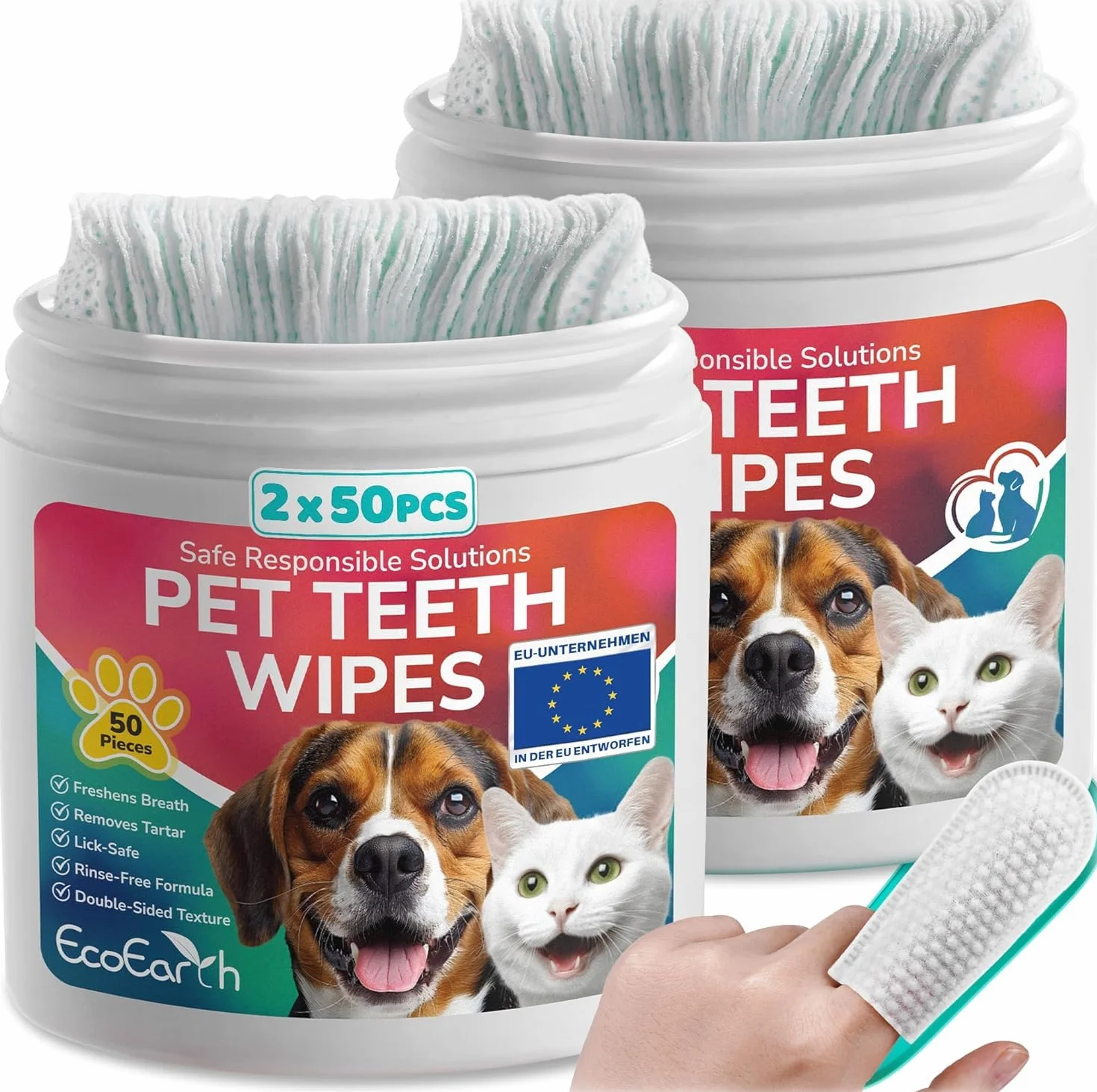 EcoEarth Toallitas de Limpieza Dental Premium para Perros y Gatos - 100 Piezas - Almohadillas para los Dedos para el Cuidado Dental de Mascotas para un Aliento Fresco y una higiene bucal