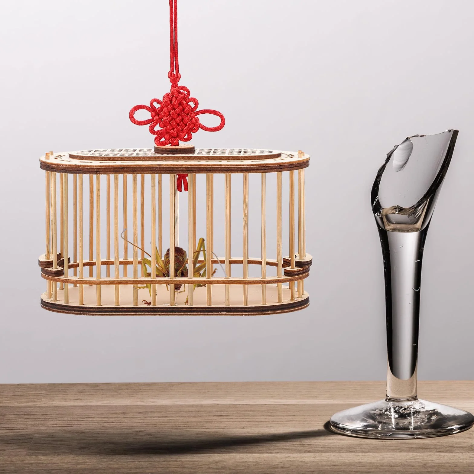 Jaula de Madera para Grillos Portátil, Doble Compartimento Ovalado, Pequeña y Ligera, Adecuado para Exteriores y Exploración Infantil, Caja de Almacenamiento Natural y Resistente