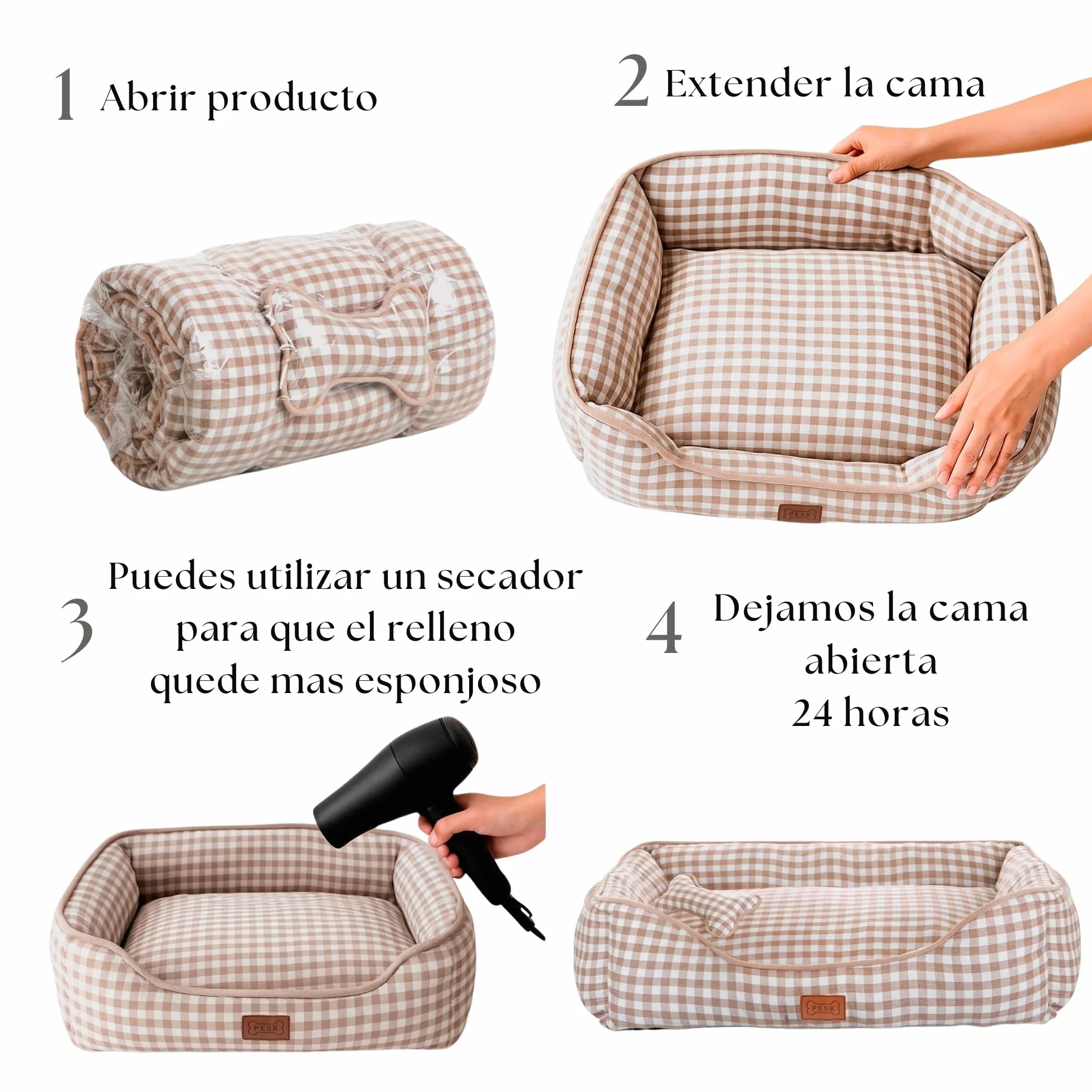 PESK Cama Perro Pequeño 57x47x15cm con Hueso de Juguete, Acolchada Relleno de Fibras, Cama Perros Medianos Lavable, Resistente Mordeduras, Camas Perros Medianos Antideslizante, Dog Bed (Beige Talla S)