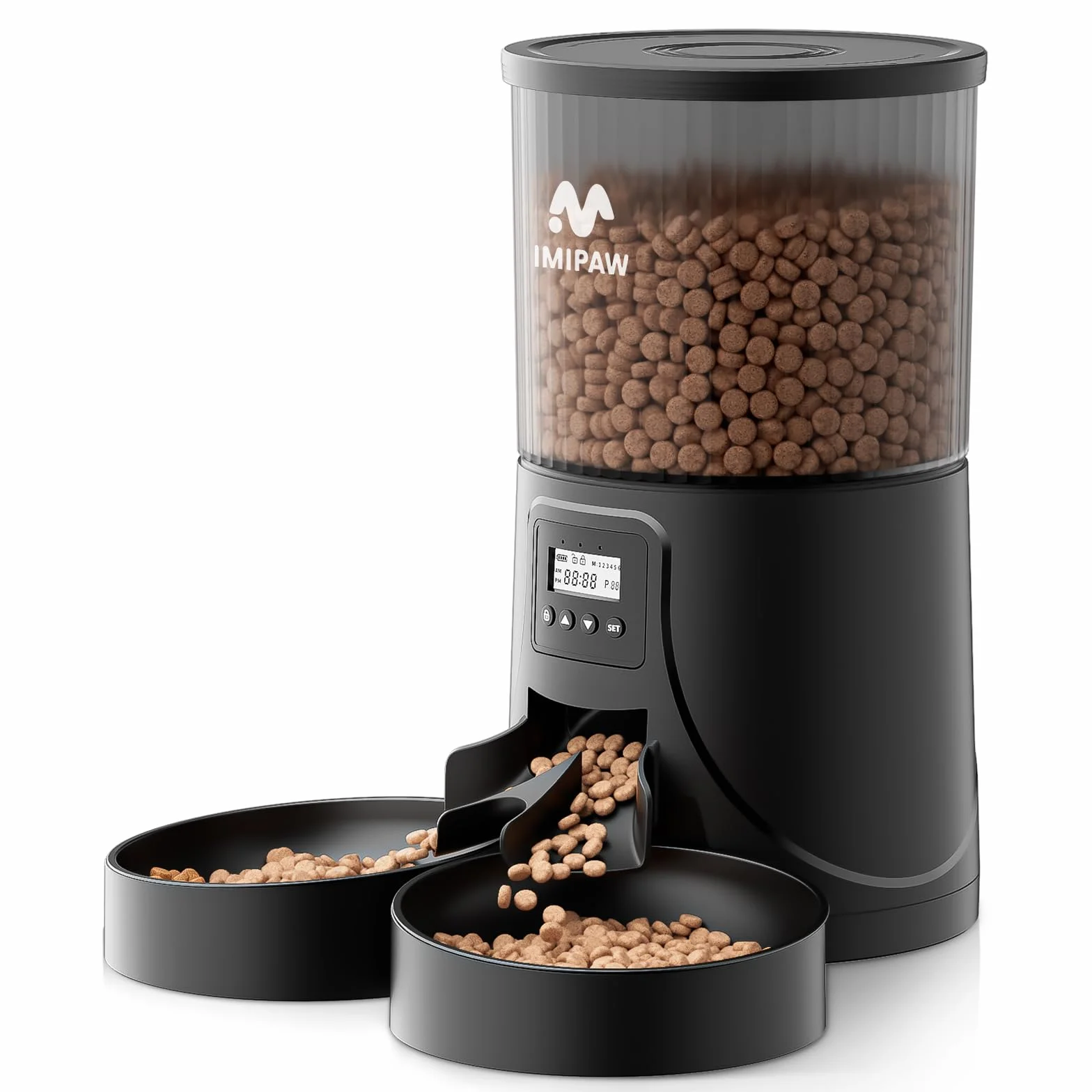 IMIPAW Comedero Gato Automatico - Dispensador Comida con Dos Cuencos, Temporizador Programable para Gatos y Perros con Bolsa Desecante, 1-6 Comidas al Día, 1-20 Porciones por Comida- 4L