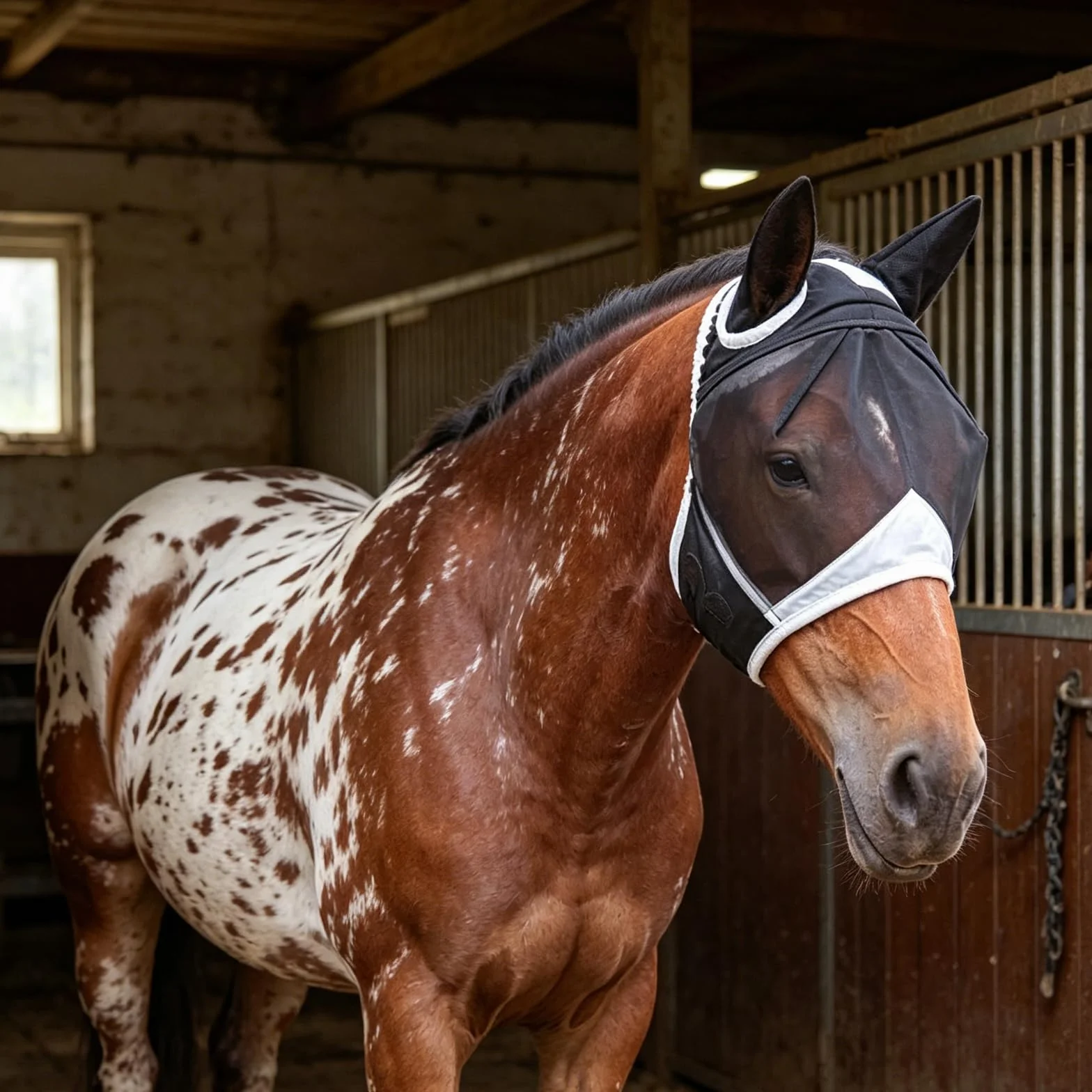 Máscara transpirable para moscas de caballo, máscara de mosca de caballo blanco y negro con orejas, tamaño ajustable (L)