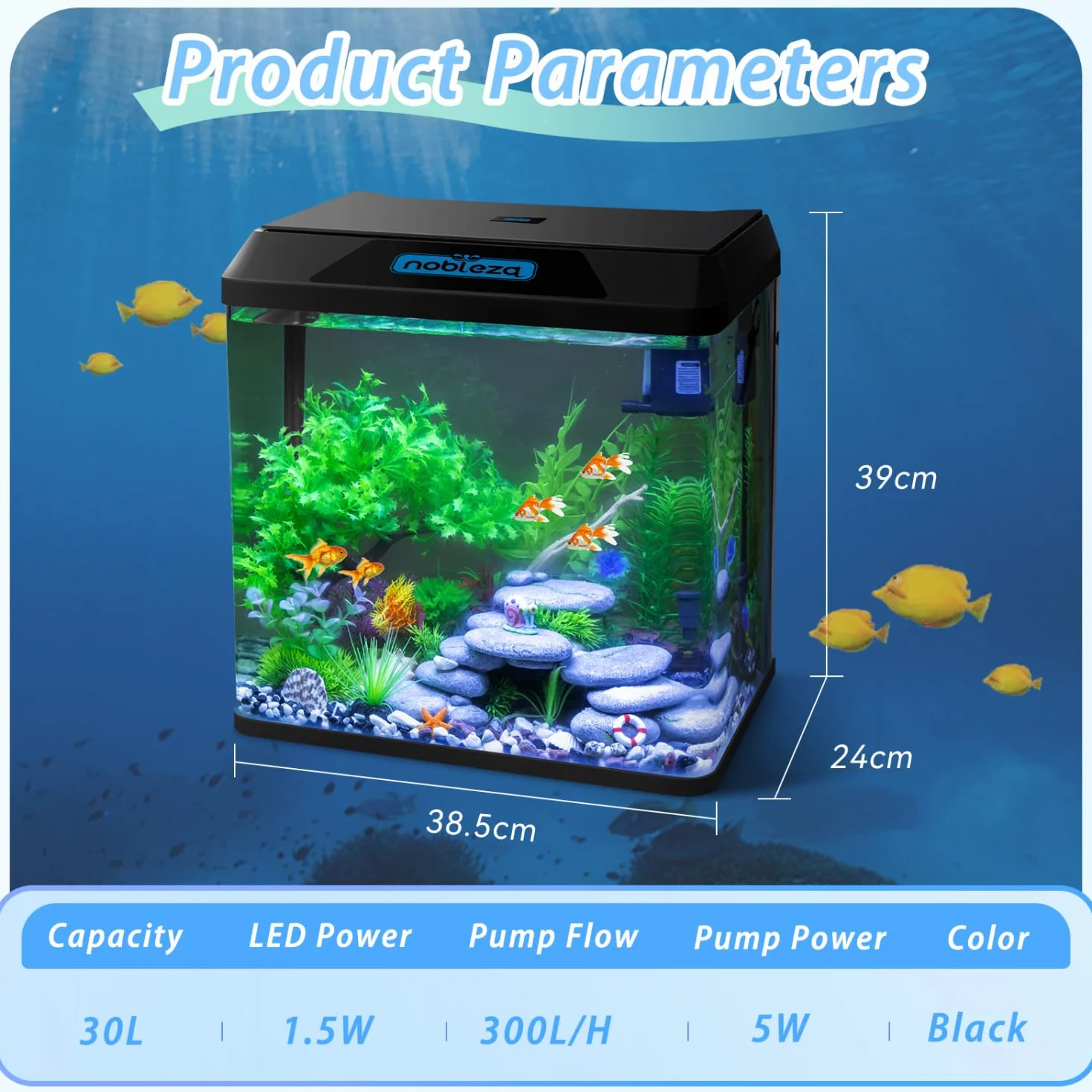 Nobleza - Acuario 30L con Filtro Integrado y Luz LED, Pecera de Cristal Completa para Peces, Acuario de Iniciación para Hogar y Oficina - Negro