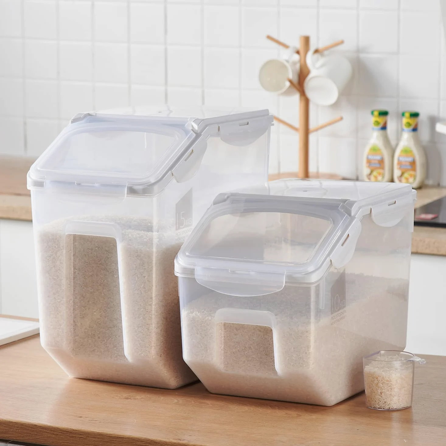 HANAMYA Contenedor de almacenamiento de alimentos con taza medidora, sin BPA, 50 tazas, para arroz, grano, comida para mascotas, harina, transparente, 2 unidades